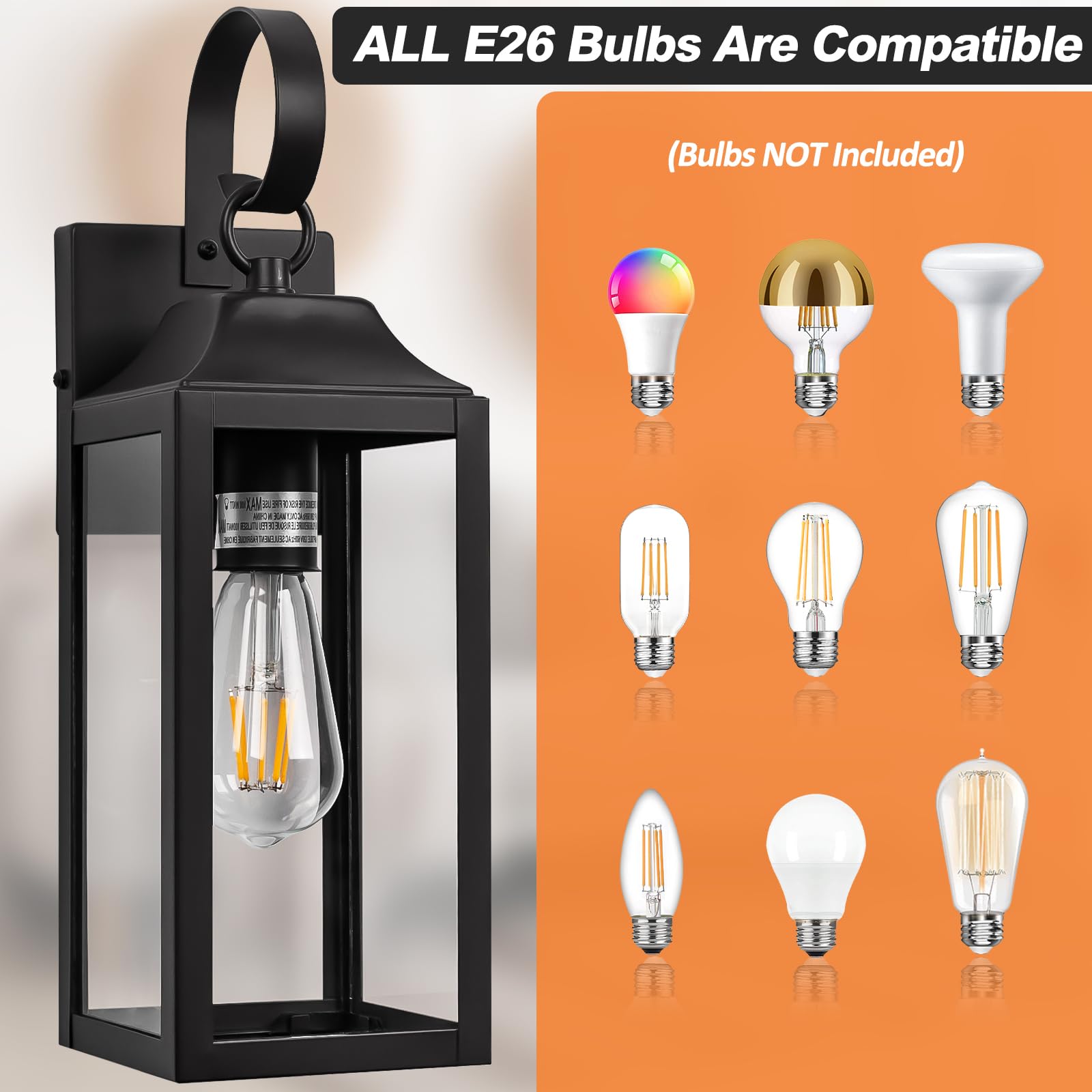 Yolsunes 2 Pack 15&quot; Black Outdoor Wall Sconces, Waterproof Modern Lanterns With Clear Glass