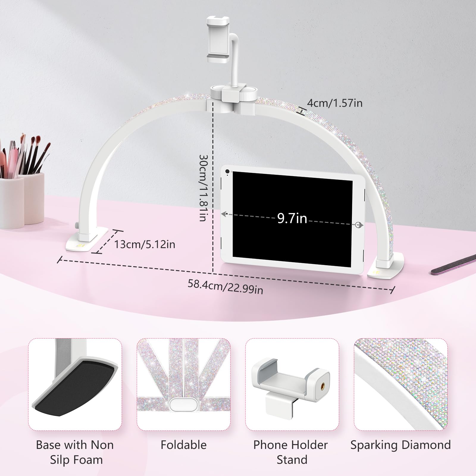 Yokilly Half Moon Nail Desk Lamp - 23" Foldable with Phone Holder, 3 Color Modes, 10 Brightness Levels, Crystal Diamond, Small