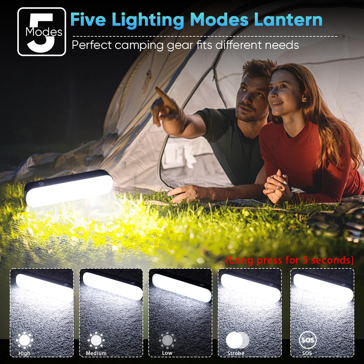 Nakcnm Camping Lantern Solar, Led Camping Lanterns Rechargeable 5 Modes, Camping Light With Magnet And Hook 5000Mah, Portable Waterproof Camp Light For Camping Hurricane Emergency Power Outage-Black