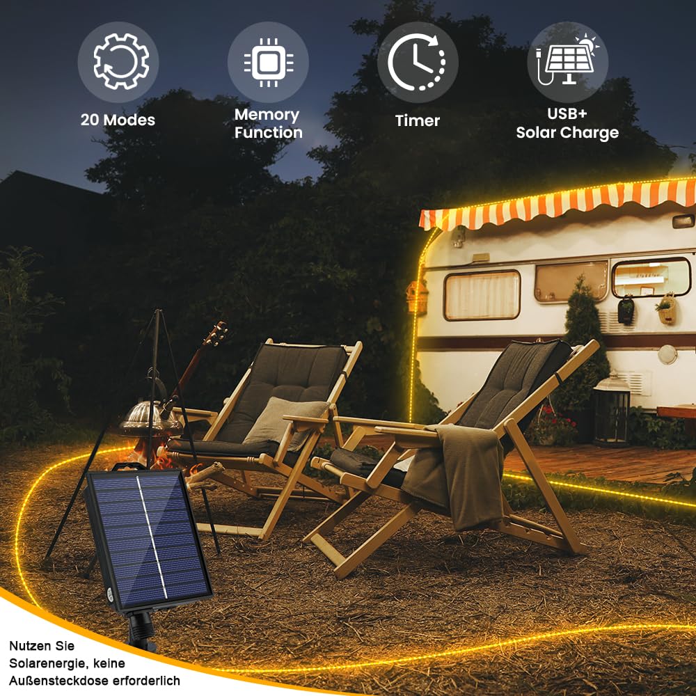 Omika 50Ft 600 Leds Solar Rope Lights, Usb Charging, 20 Lighting Modes, Dimmable Timer Remote Control, Ip68 Waterproof For Outdo