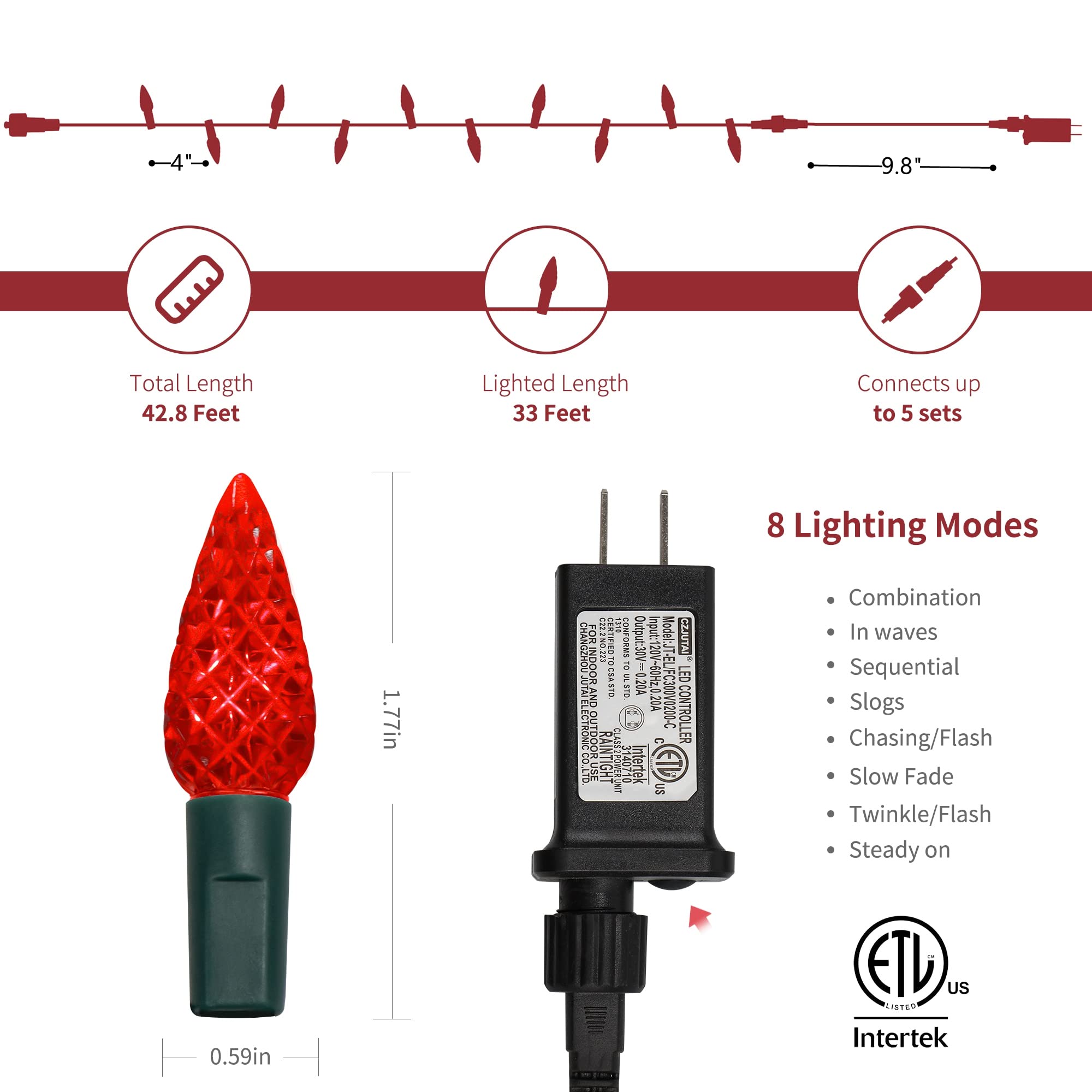 WATERGLIDE C6 Christmas Lights, 33ft 100 LED Faceted String Lights Green Wire Valentines Fairy Lights with 29V Adaptor, 8 Lighti