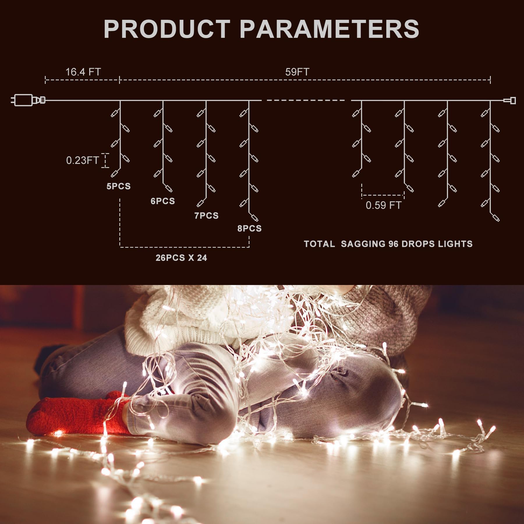 Icicle Led Christmas Lights Outdoor, 624 Led 59Ft 8 Modes With 96 Drops Cool White Icicle Lights,Outdoor Indoor Fairy String Lig