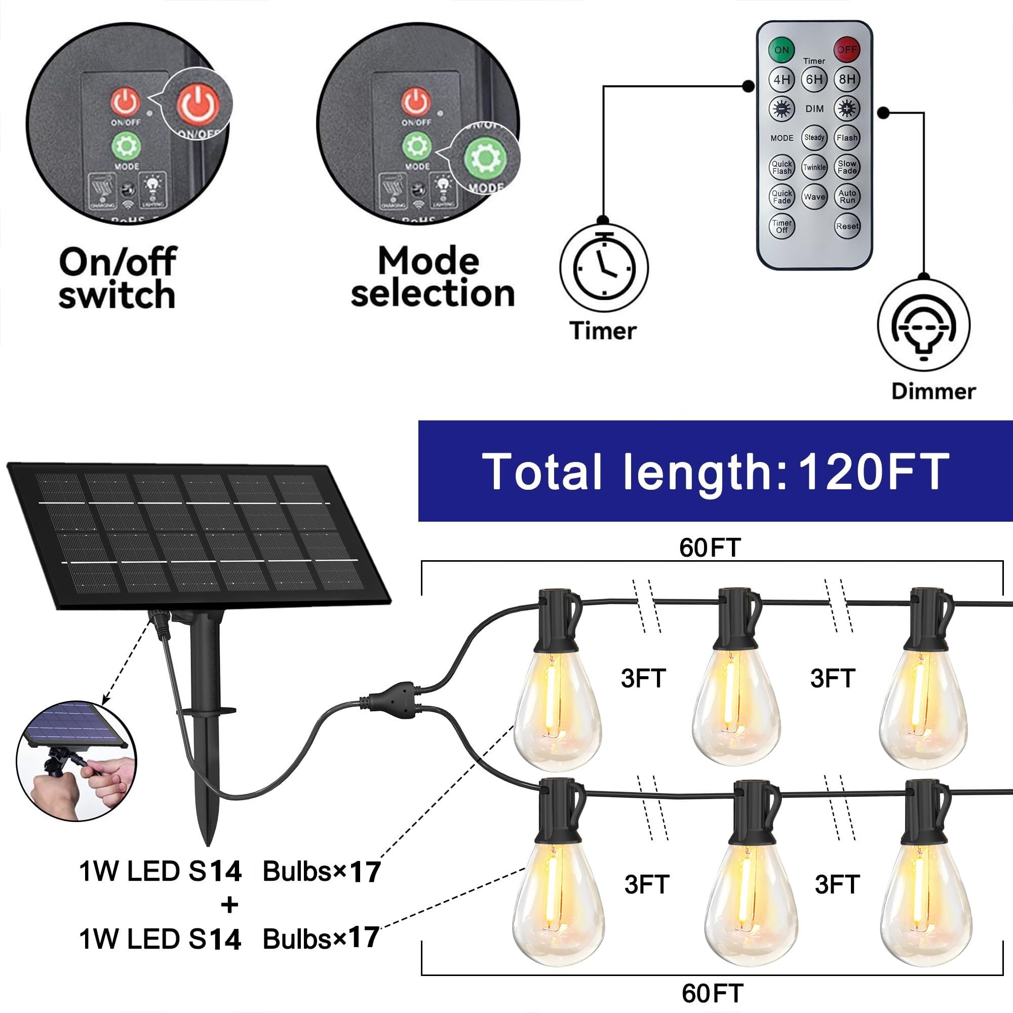 Stright Solar String Lights 120FT S14 LED Bulbs, Warm White, Weatherproof with Remote, 34 Sockets for Outdoor Patio and Backyard Use