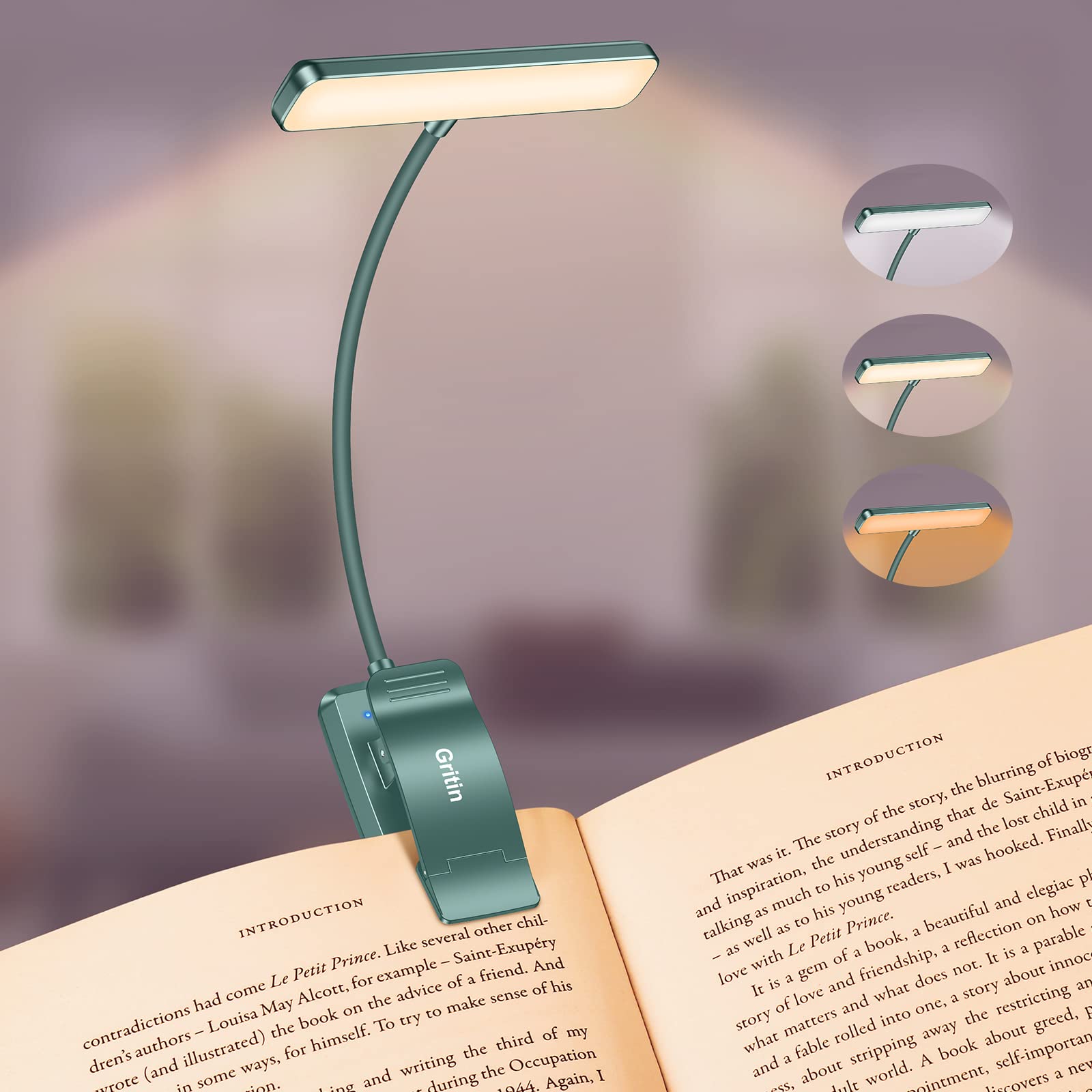 Gritin Rechargeable Book Light with Memory Function, 3 Color Temperatures, Stepless Dimming, Blackish Green, Model G1326