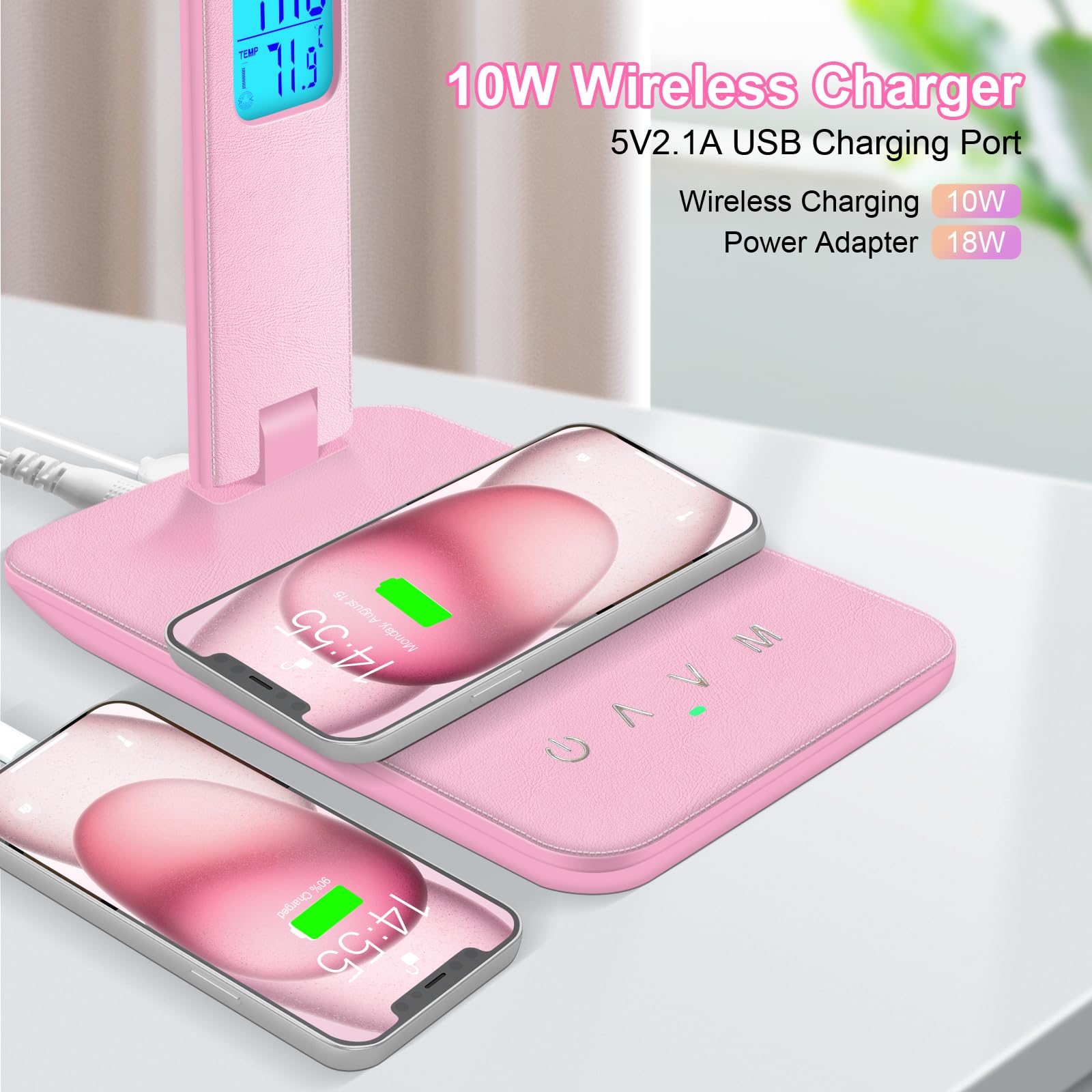 Snsok Desk Lamp With Wireless Charger, Usb Charging Port, Dimmable Office Desk Light With Clock, Alarm, Date, Temperature, Foldable Lamp For Table Bedroom Bedside Office (Pink)