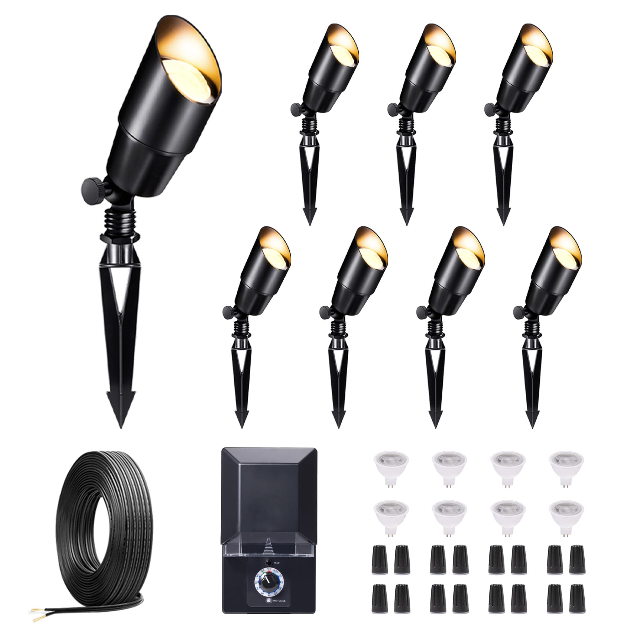 Varmtalys Landscape Lighting Low Voltage Kit, with 8 Pack Black Spotlight and 100W Transformer and 100FT Cable and 30 Wire Conne