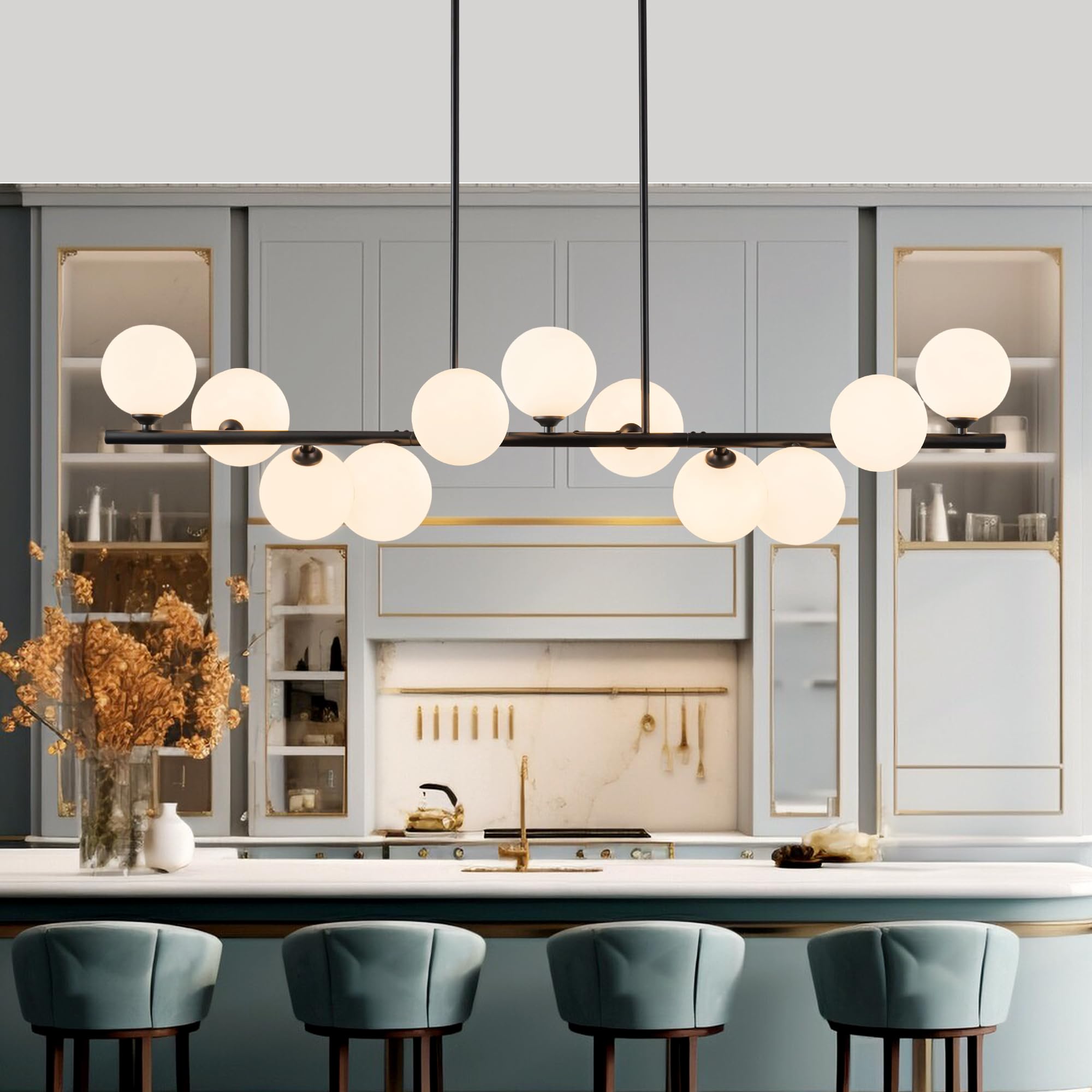 Wvsrbyr Linear Chandeliers for Dining Room 11 Light Globe Sputnik Chandelier with Milk White Glass 51inch Black Dining Room Light Fixture  Large Modern Chandelier for Kitchen Island