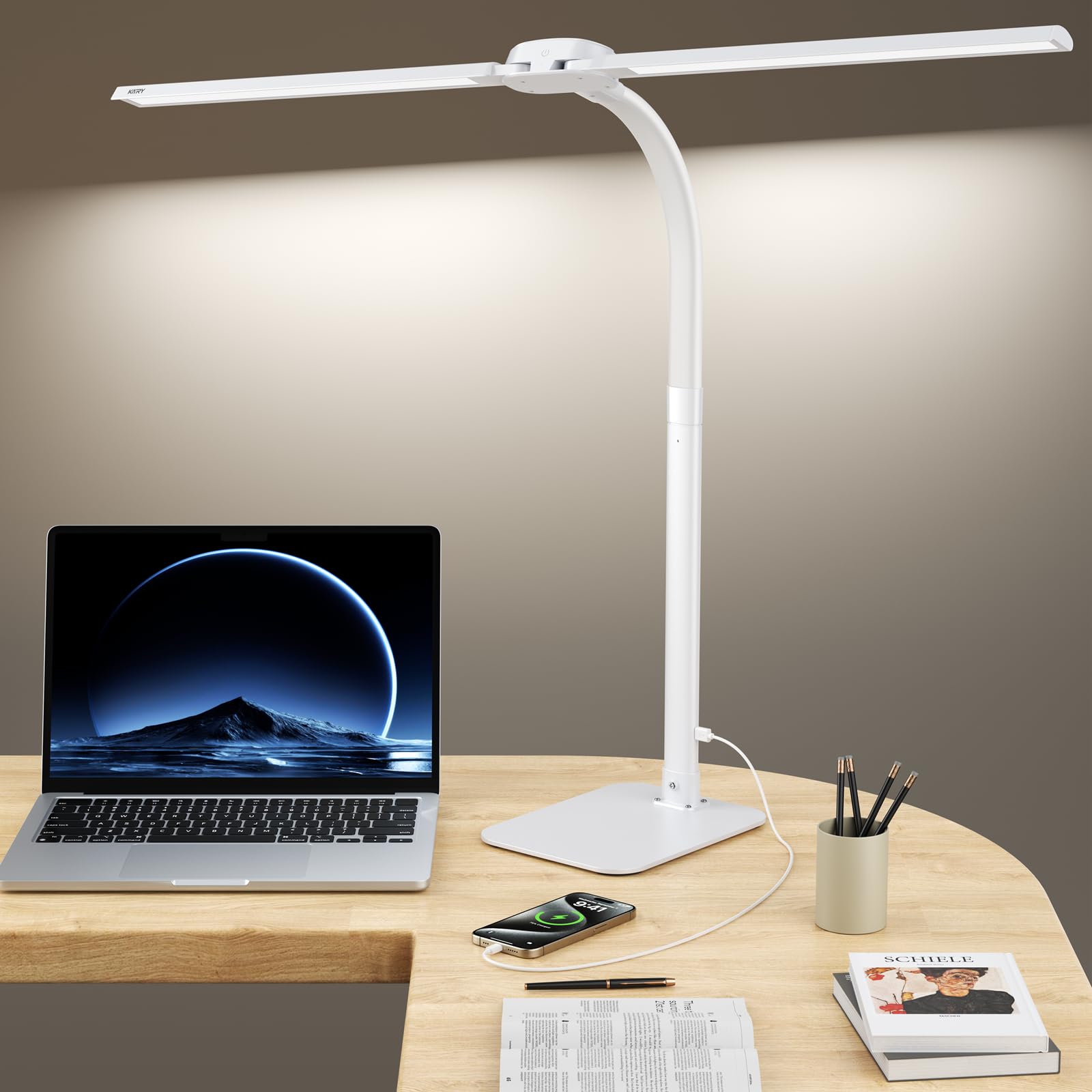 Kary Desk Lamp - 24W Led With Usb Charging, Adjustable Gooseneck, 5 Color Modes, White, Model Kx02D