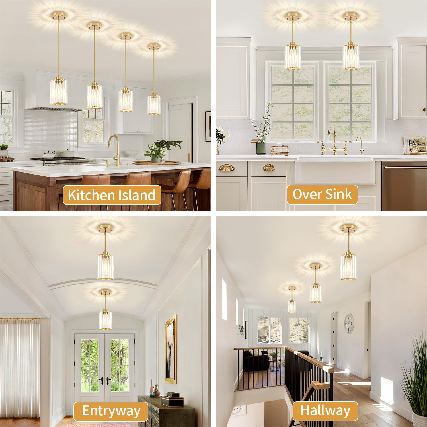 Zsmihdoh Pendant Lights Kitchen Island  Modern Brushed Gold Pendant Light Fixtures  Kitchen Hanging Lights Mini Chandelier Crystal Pendant Lighting For Island Dining Room Hallway Bedroom