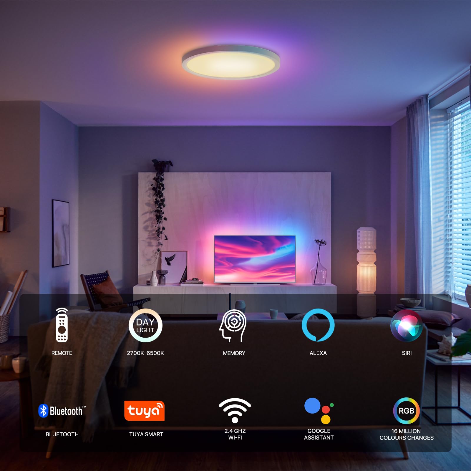 Smart Led Ceiling Light Wifi,12Inch Rgb Flush Mount Lighting Fixture With Remote,Color Changing Light Fixture For Bedroom,Dimmab