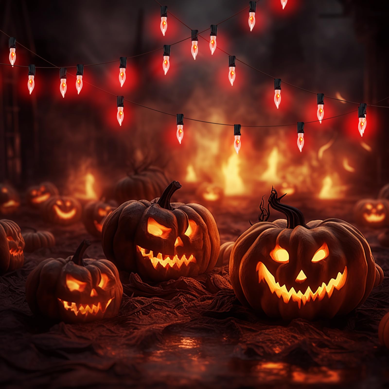 10Ft Flickering Flame Outdoor String Lights, C18 Halloween Orange Lights With 10 1W Flame Bulbs, E12 Base, Outdoor Halloween Pat
