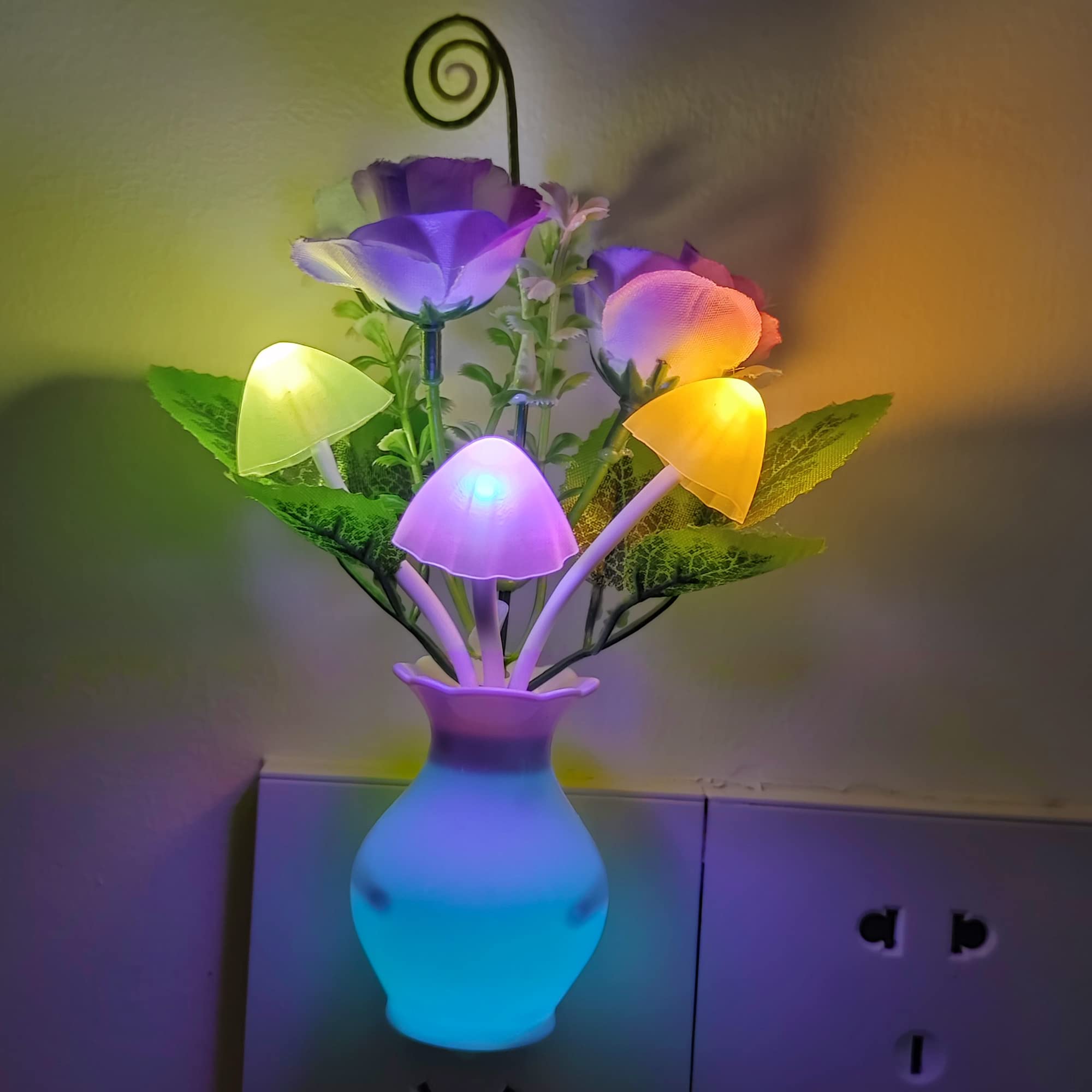 Ausaye Color-Changing Led Night Light, 1Pack Plug In Dusk-To-Dawn,Home D  Cor Lamp Dream Nightlight Purple Rose Flower Mushroom