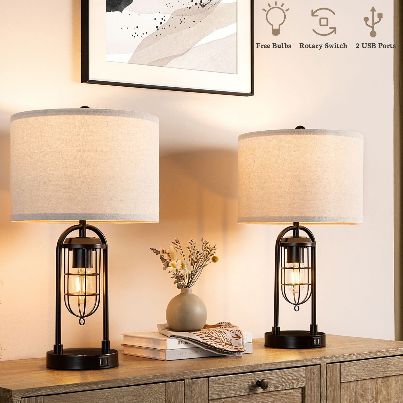 Kyrid 21'' Table Lamps Set Of 2 With Night Light And Usb Port Industrial Modern Nightstand Lamp Set (Bulbs Included)