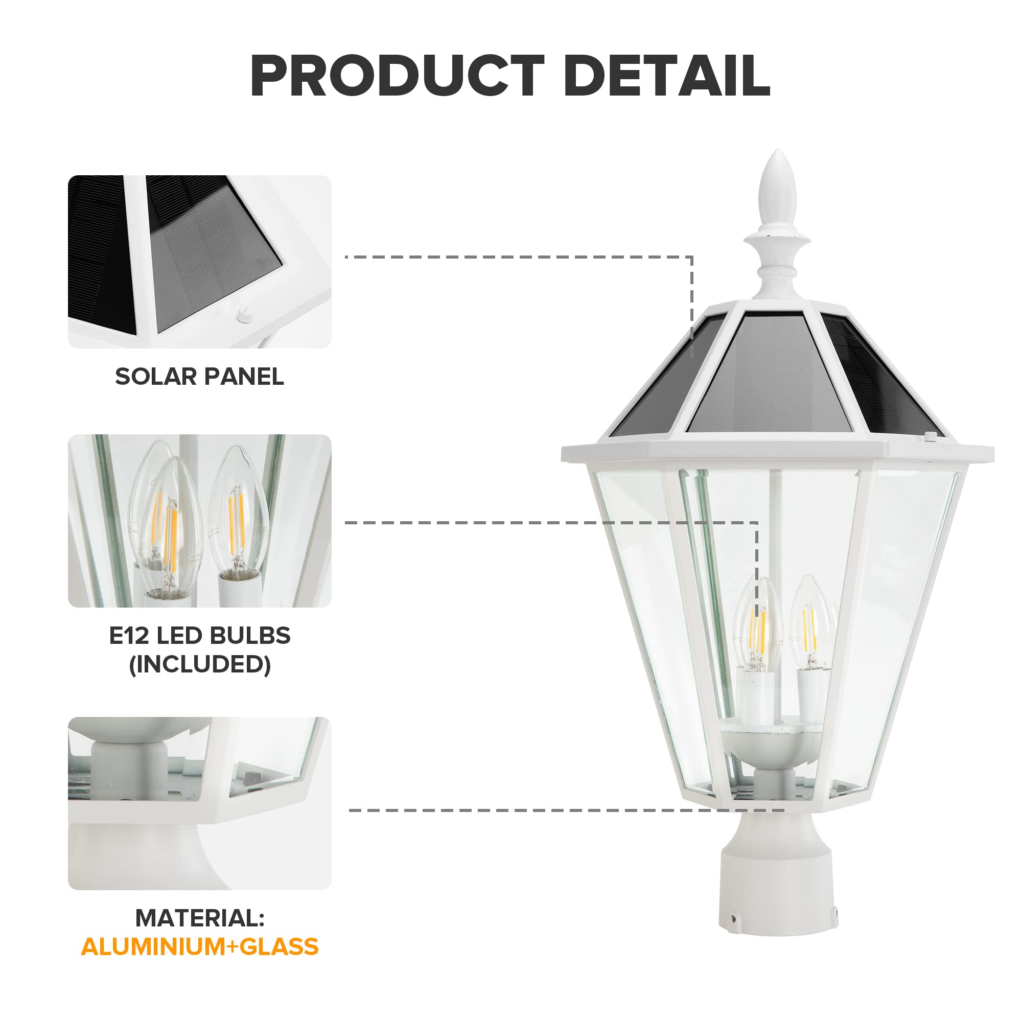 LUTEC Solar Post Light, Vintage Outdoor LED, 300LM, 2700K, Aluminum, White, Single Head, Model 6951302053