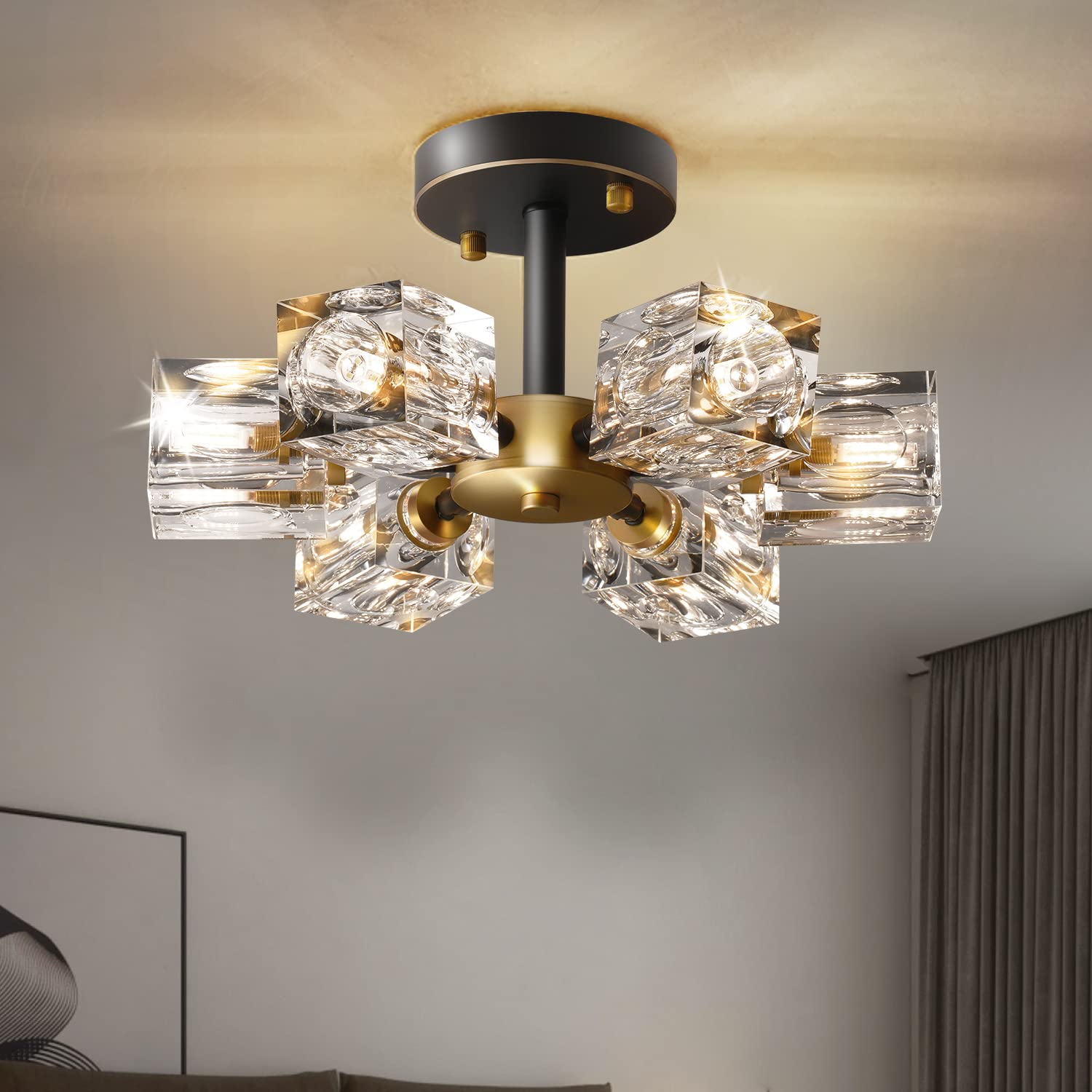 Okes 13&quot; Black And Gold Crystal Semi Flush Mount Light - 6-Light Industrial Chandelier For Home