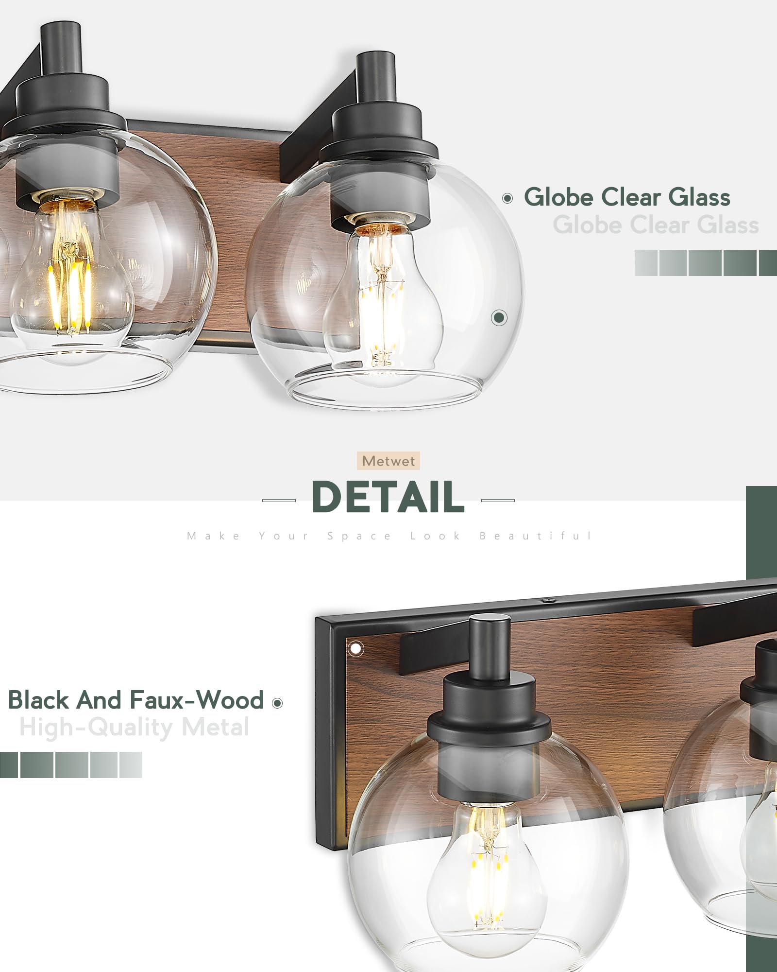 Metwet Bathroom Light Fixtures, 4-Light Black And Faux-Wood Finish Bathroom Vanity Light, 26 Inch Farmhouse Wall Sconces With Gl