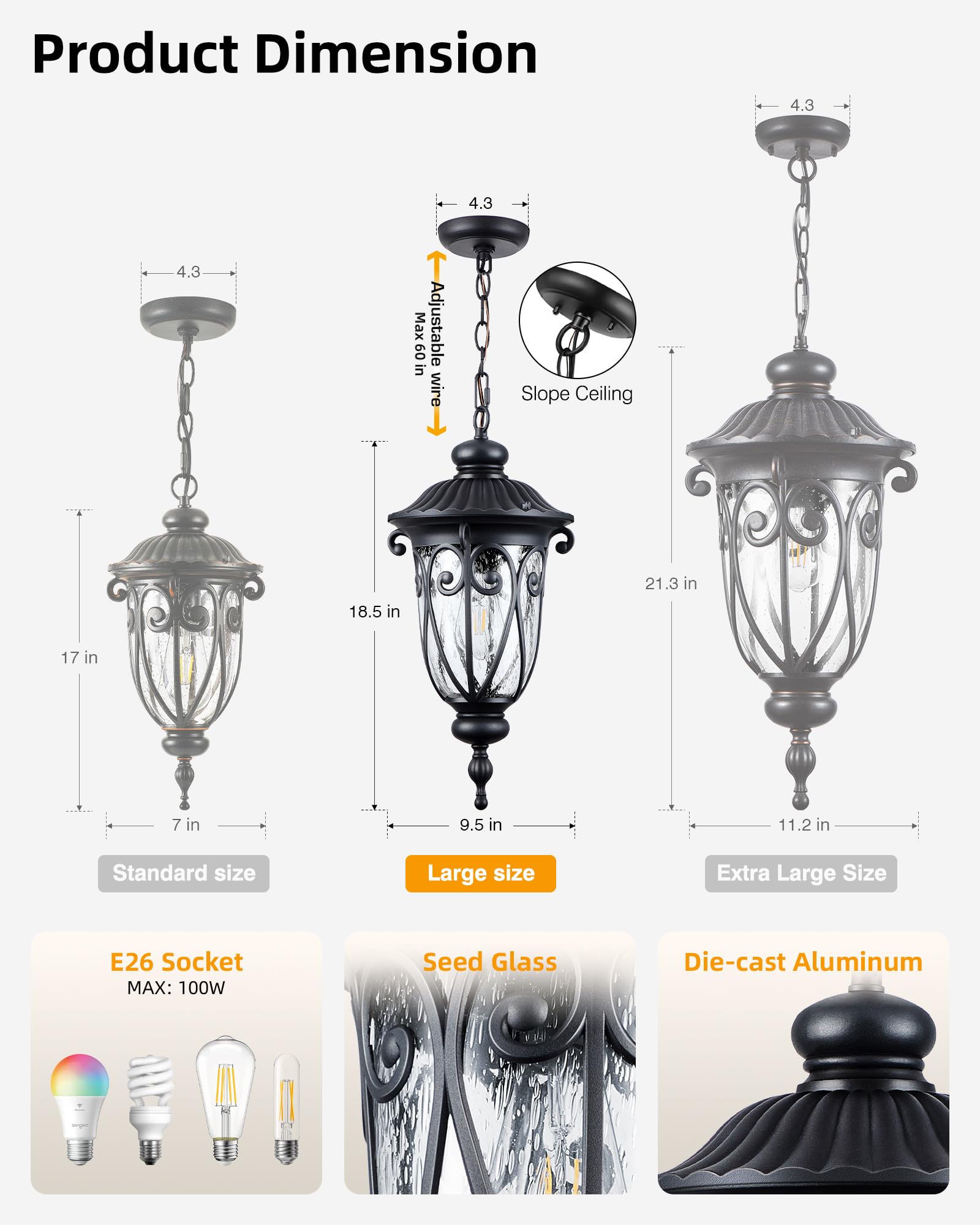 VIANIS Large Outdoor Pendant Light Fixture, Black Waterproof Hanging Light, Vintage Style, Model V83231M.BK