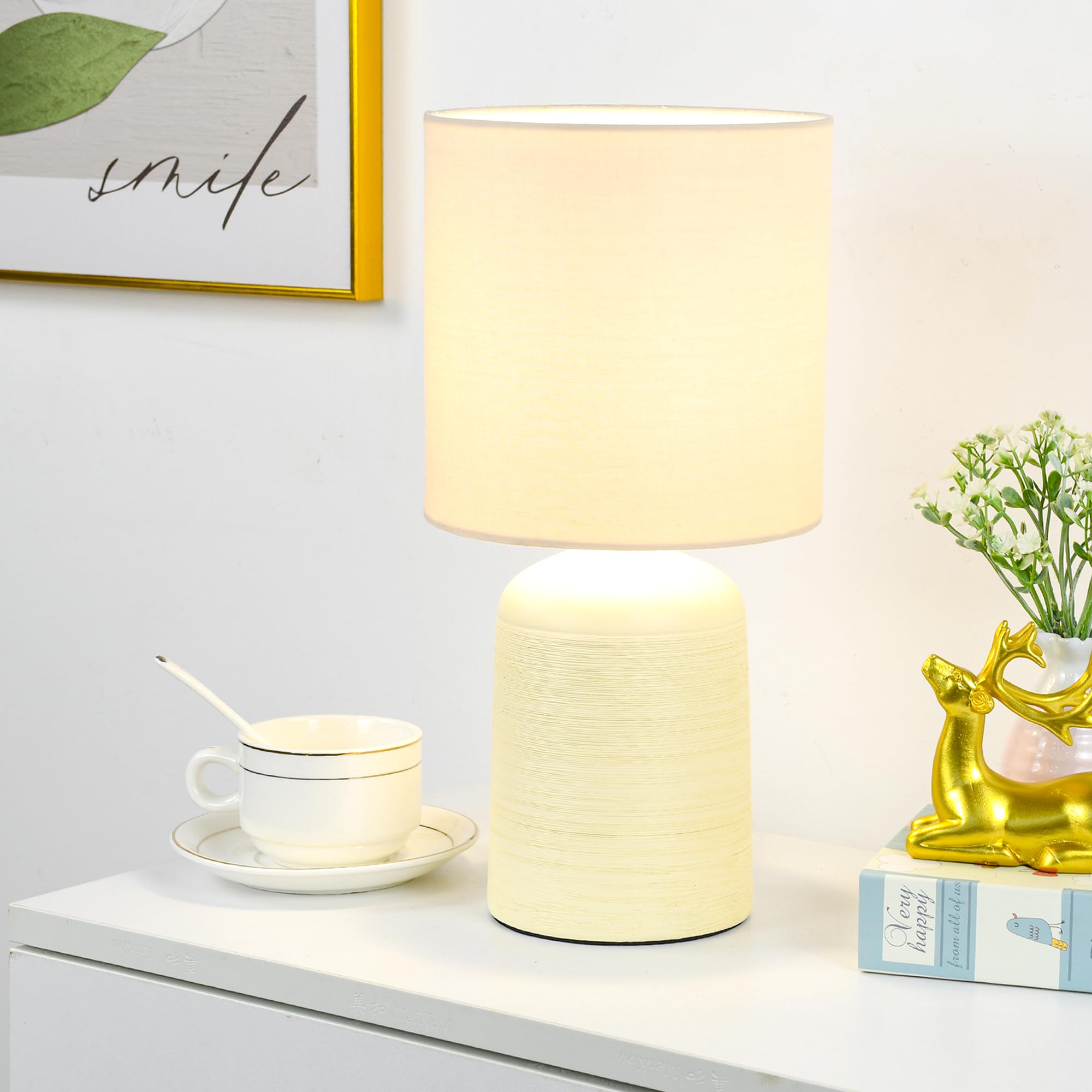 Lampwell Maye Small Ceramic Table Lamp for Living Room and Bedroom,Modern Kids Night Table Lamp,F6.3  H13IN,Bulb Excluded,Cream