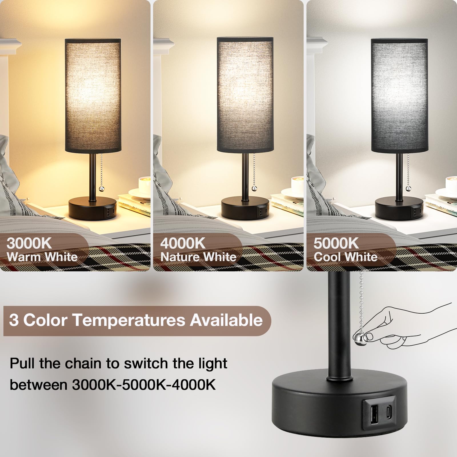 Black Bedside Lamps For Bedroom Set Of 2 - Nightstand Table Lamp With Usb Charging Port, Pull Chain Night Stand Light, Side Tabl