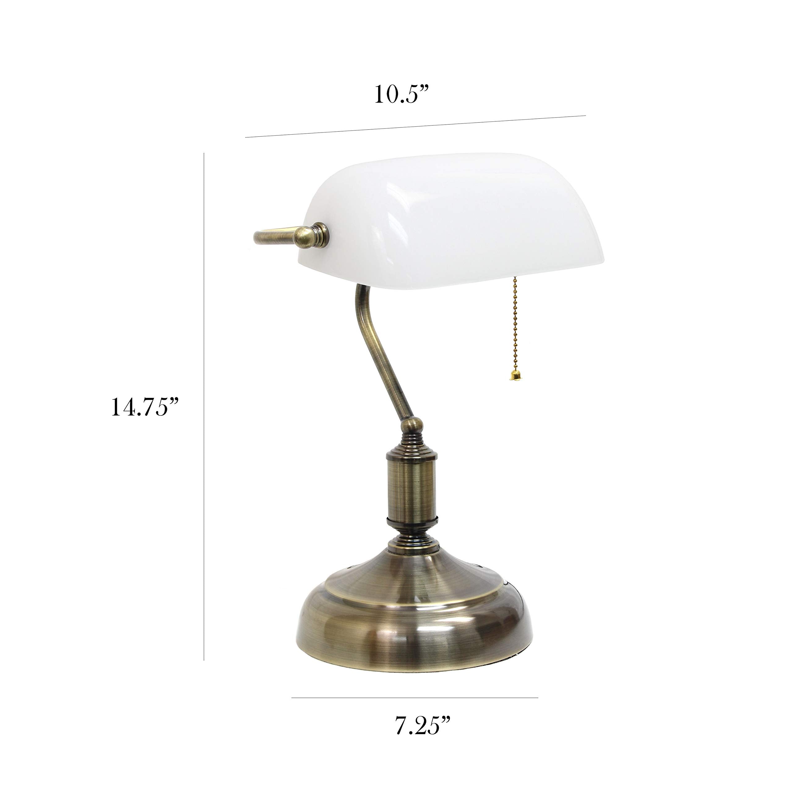 Simple Designs Lt3216-Wht Executive Banker'S Desk Lamp With Glass Shade, White, Antique Nickel/White, 10 X 8.66 X 14.75