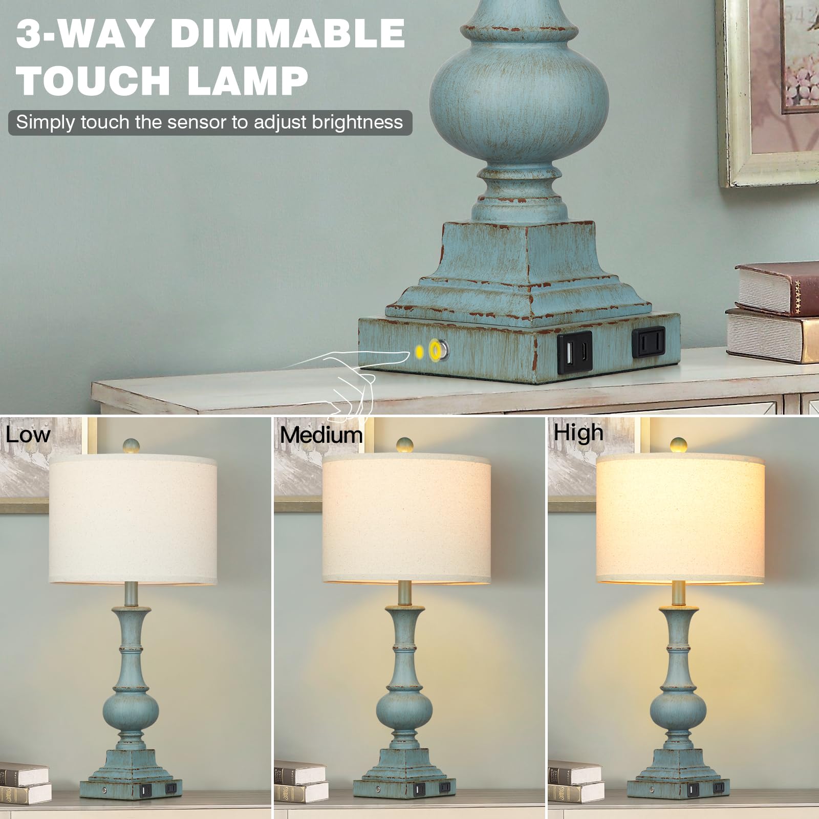 Lolikit Farmhouse Table Lamps Set of 2, 26" Vintage Blue Touch Control Dimmable Bedside Lamp with USB Ports & AC Outlet, LED Bulbs Included