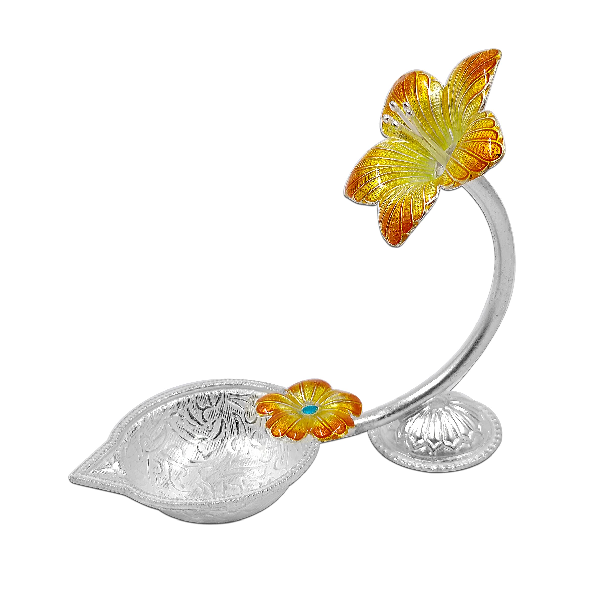 MAA SILVER Pure Silver Diya/Lamp/Deepak with Yellow Hibiscus/Jaswanti Flower Design Perfect for Gift and Pooja Use (65 Purity)(1