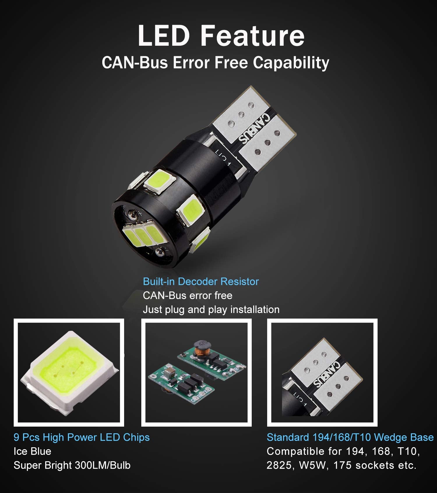 Brishine 300Lm Extremely Bright Canbus Error Free 194 168 2825 W5W T10 Led Bulbs Ice Blue 9-Smd 2835 Chipsets For Dome Map Door