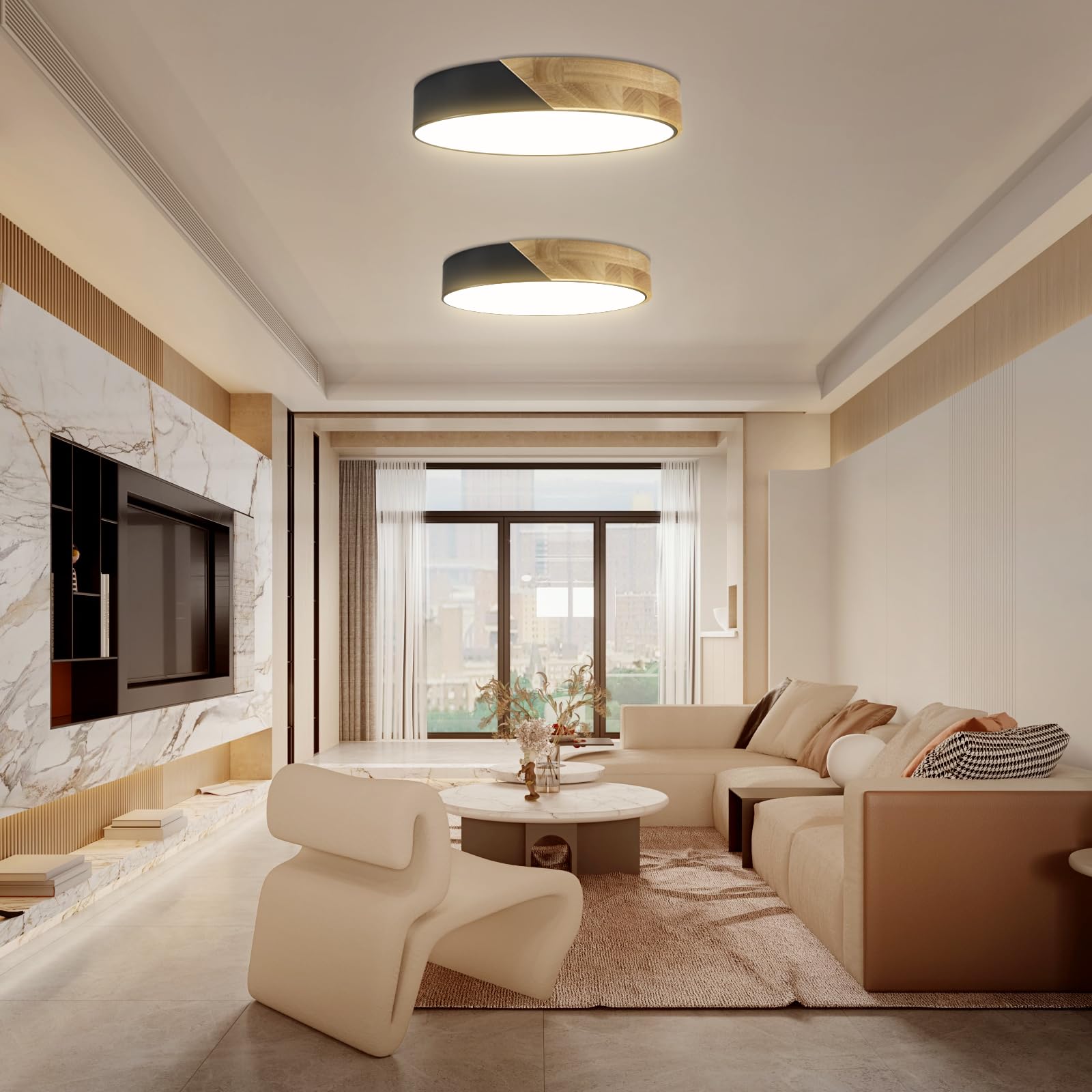 Led Ceiling Light Flush Mount: 12 Inch 24W Bedroom Light Fixture With Round Wood Modern Black Flat Overhead Ceiling Lamps For Kitchen Hallway Laundry Warm White 3000K, Not Dimmable - 2 Pack