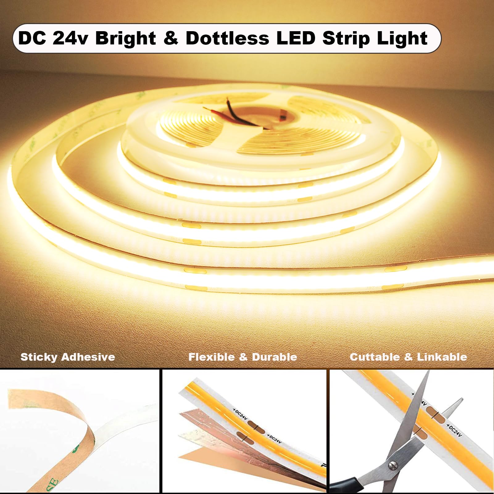 Gxilee Cob Light Strip Cri 93+ Flexible Uniform Warm Led Strip Lights 24V 16.4Ft Non-Waterproof For Cabinet, Bedroom, Kitchen Cl