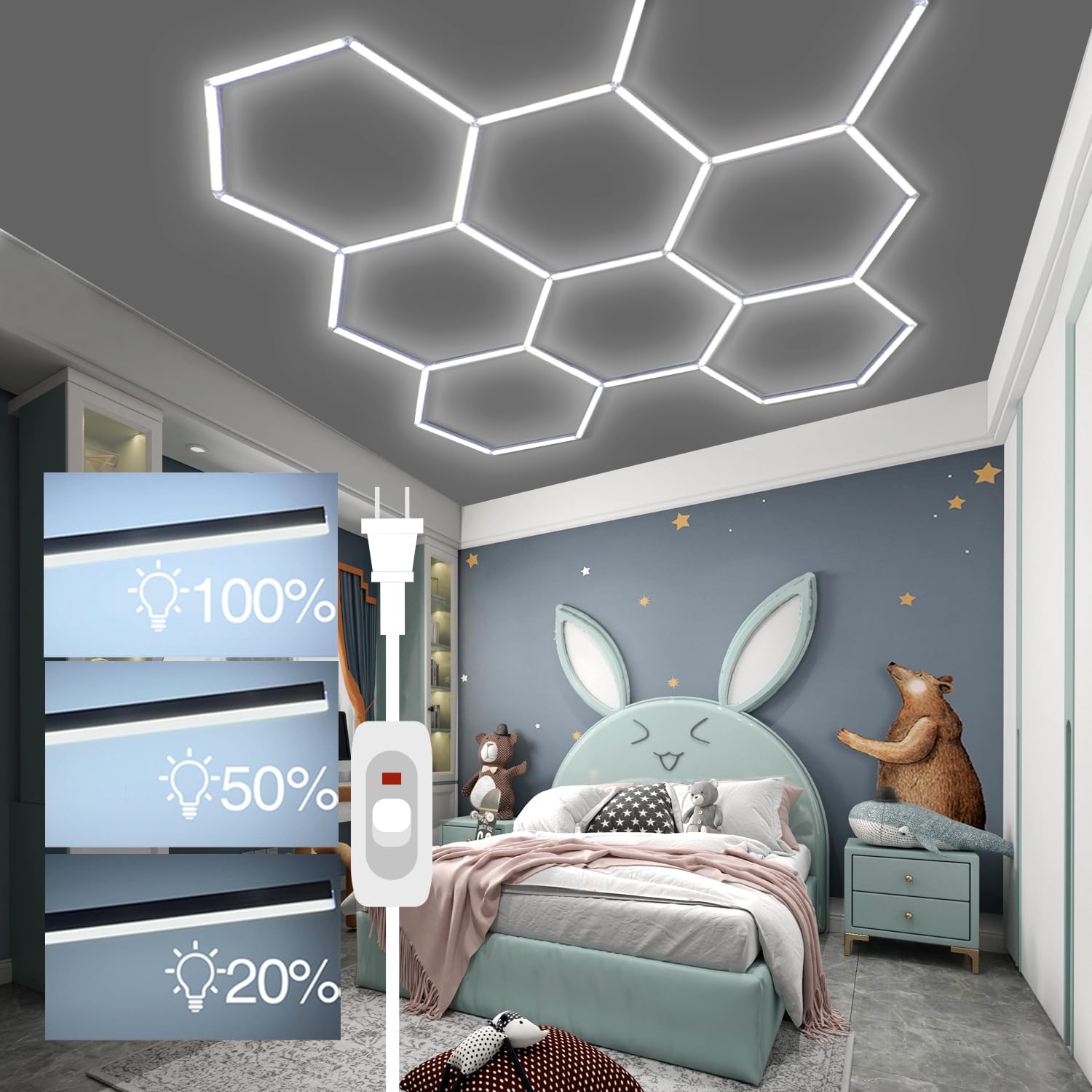 Dimmable Hexagon LED Garage Lights: Upgraded 3 Level Dimmable 35 Pack 8 Honeycomb Garage Lights Celling 6500K for Basement Warehouse Auto Beauty Shop Car Detailing Shop etc. (Dimmer 8 hexagon)