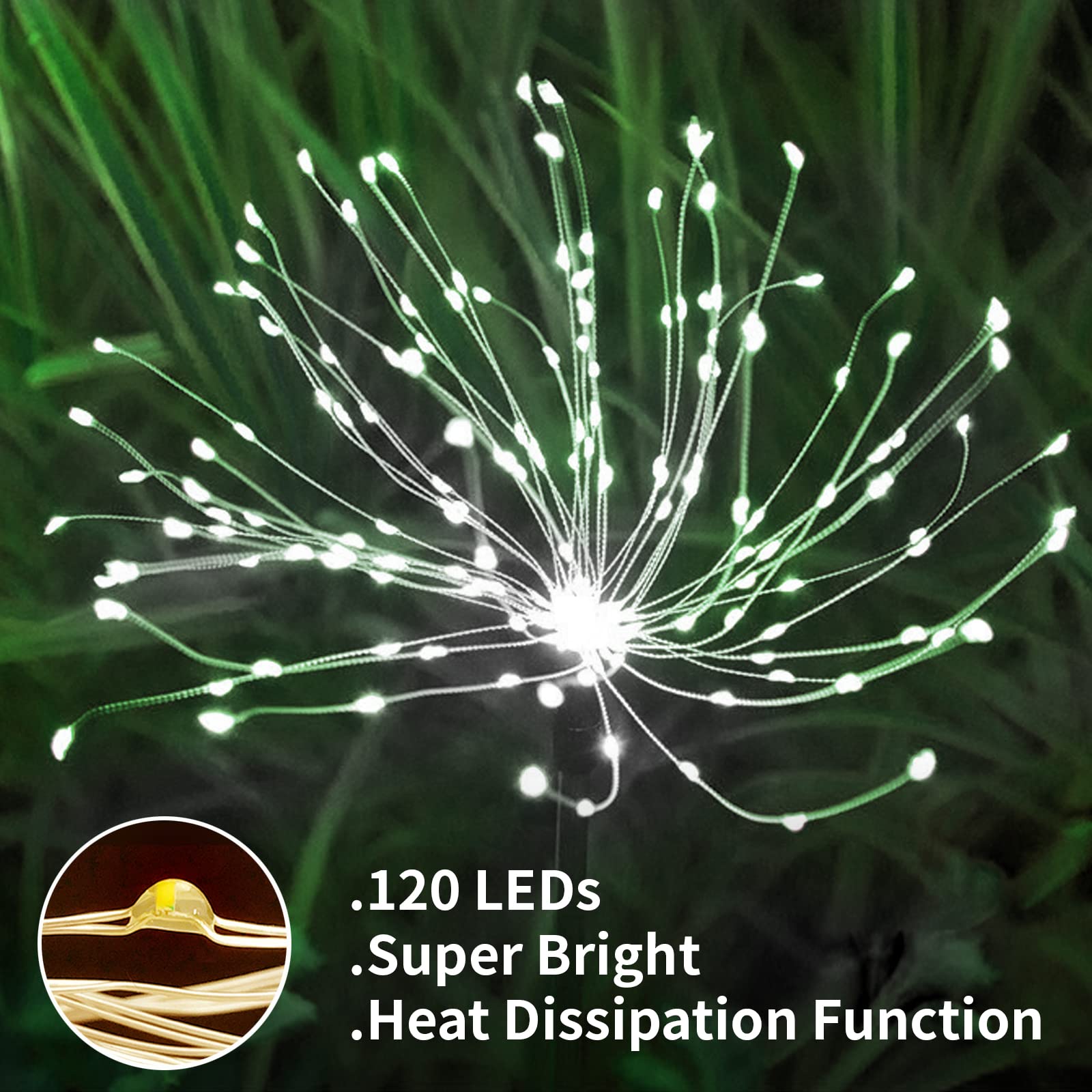 2 Pcs Solar Firework Light, Outdoor Solar Garden Decorative Lights 120 Led Powered 40 Copper Wires String Diy Landscape Light Fo