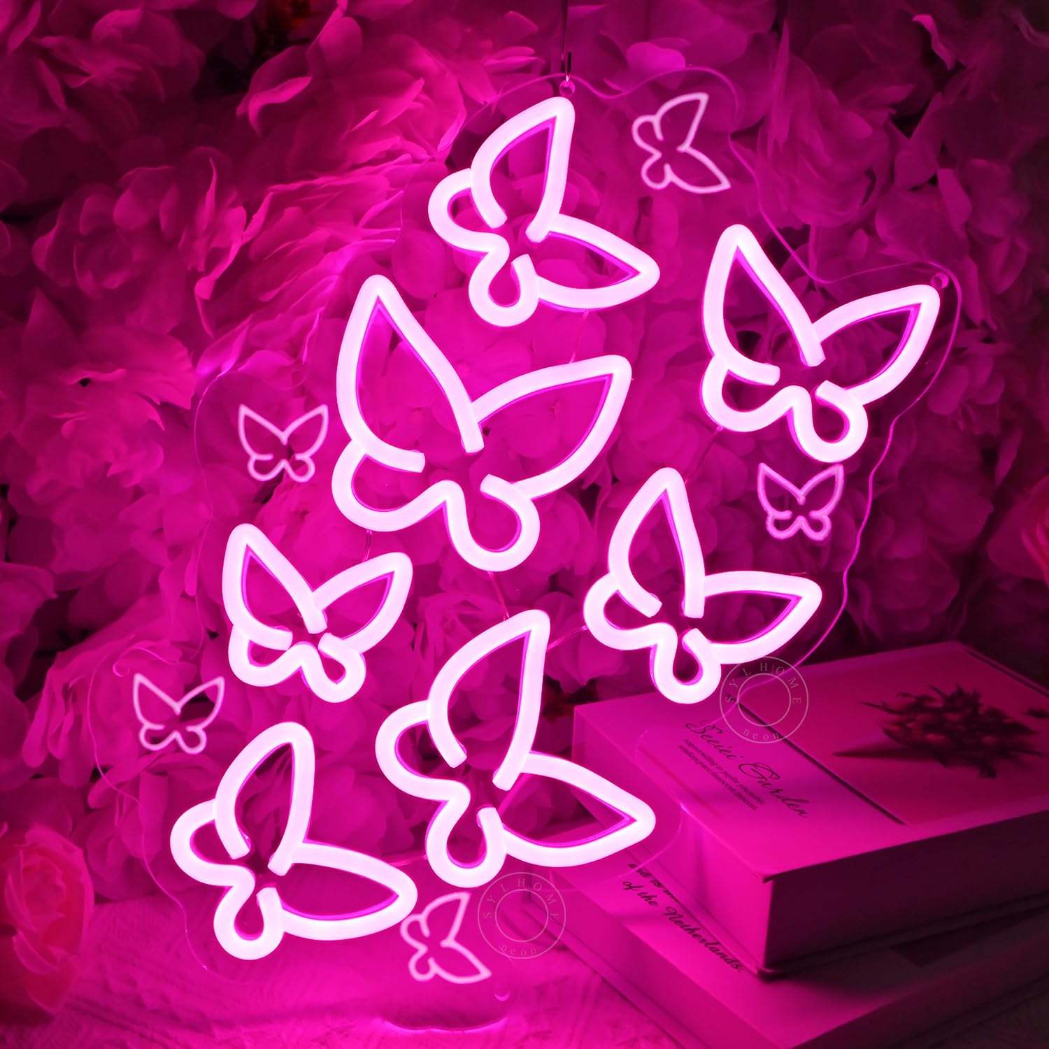 SYLHOME Pink Butterfly LED Neon Light Sign for Bedroom, Kids Room, 15.75in X 10.1in Decorative Wall Art, USB Powered