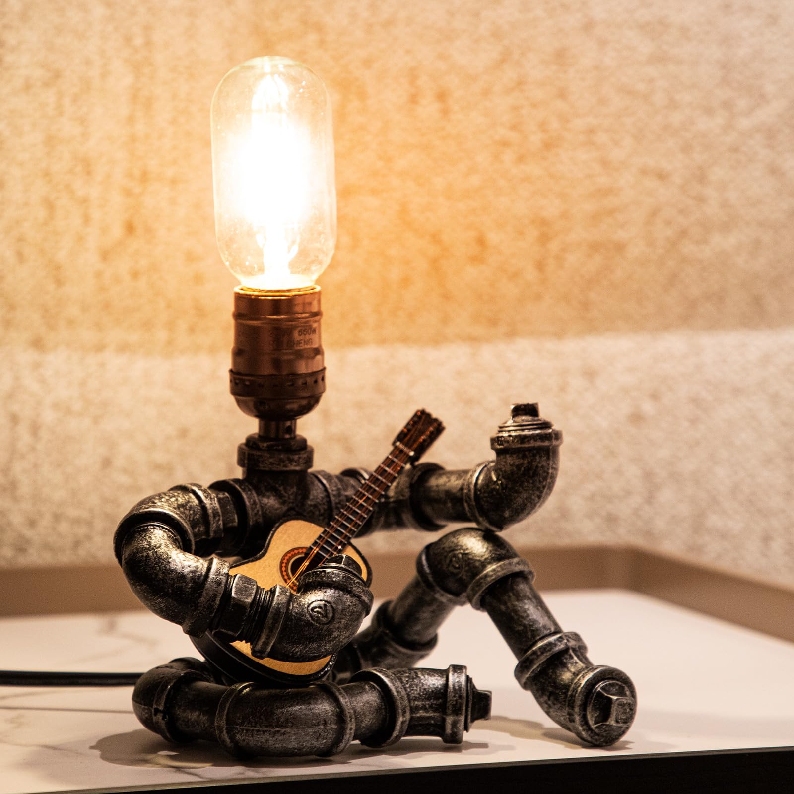 Lcyy.Tg Music Guitar Table Lamp,Steampunk Table Lamp,Retro Guitars Steampunk Lamp, Industrial Metal Tube Robot Lamp Cool Guitar Stuff Present For Men Music Lovers (Not Included Bulb)