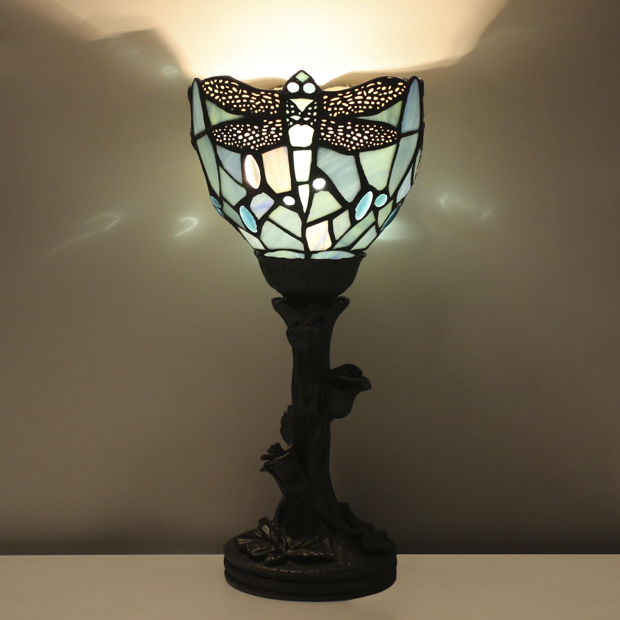 Avivadirect Small Tiffany Lamp Mini Stained Glass Table Lamp Blue Dragonfly Accent Desk Uplight W6 H13.5 Inch Bronze Resin Base