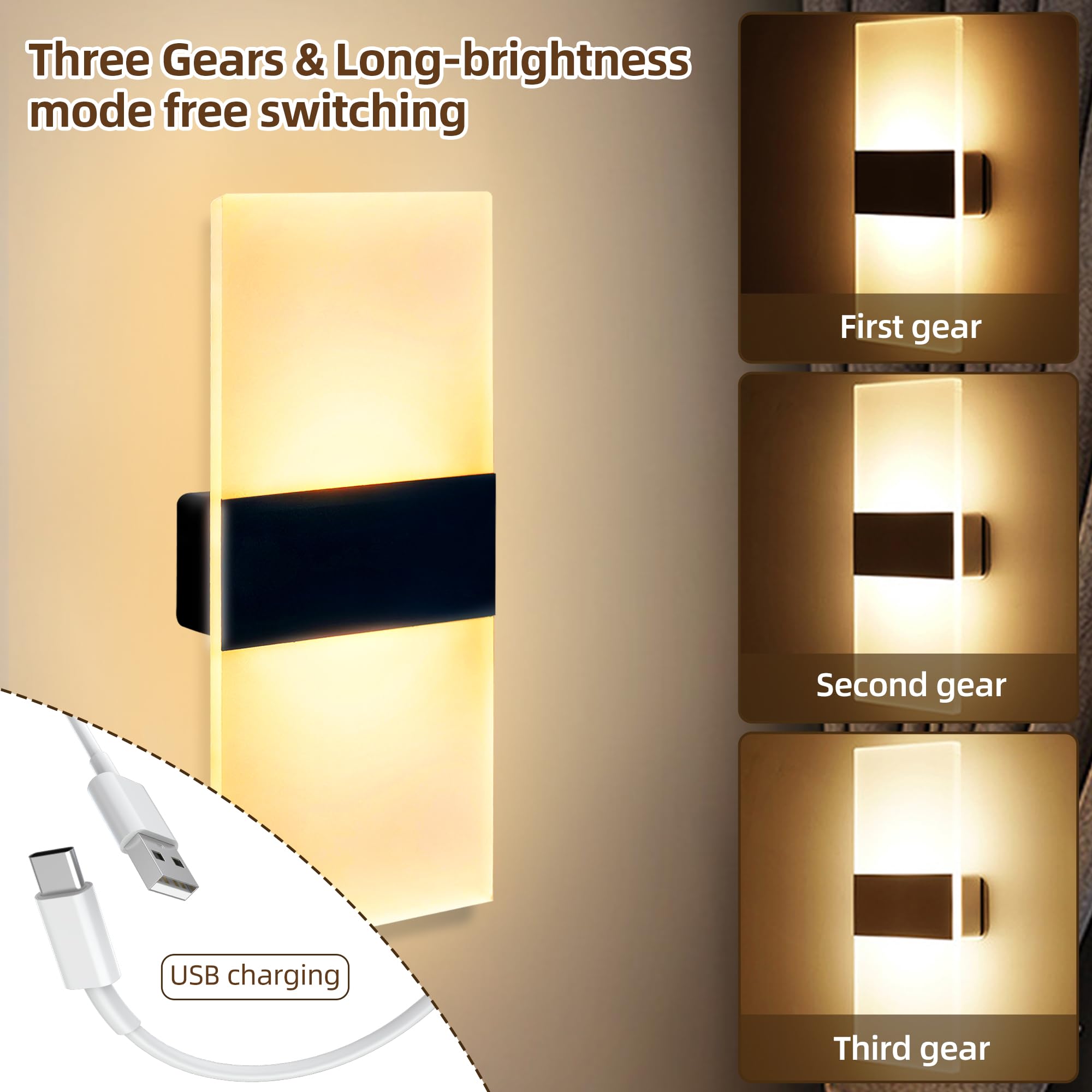 GRETMIX Wall Sconces Set of 2, Acrylic Rechargeable LED Touch Control, White Frosted Glass Shade, Warm White Color