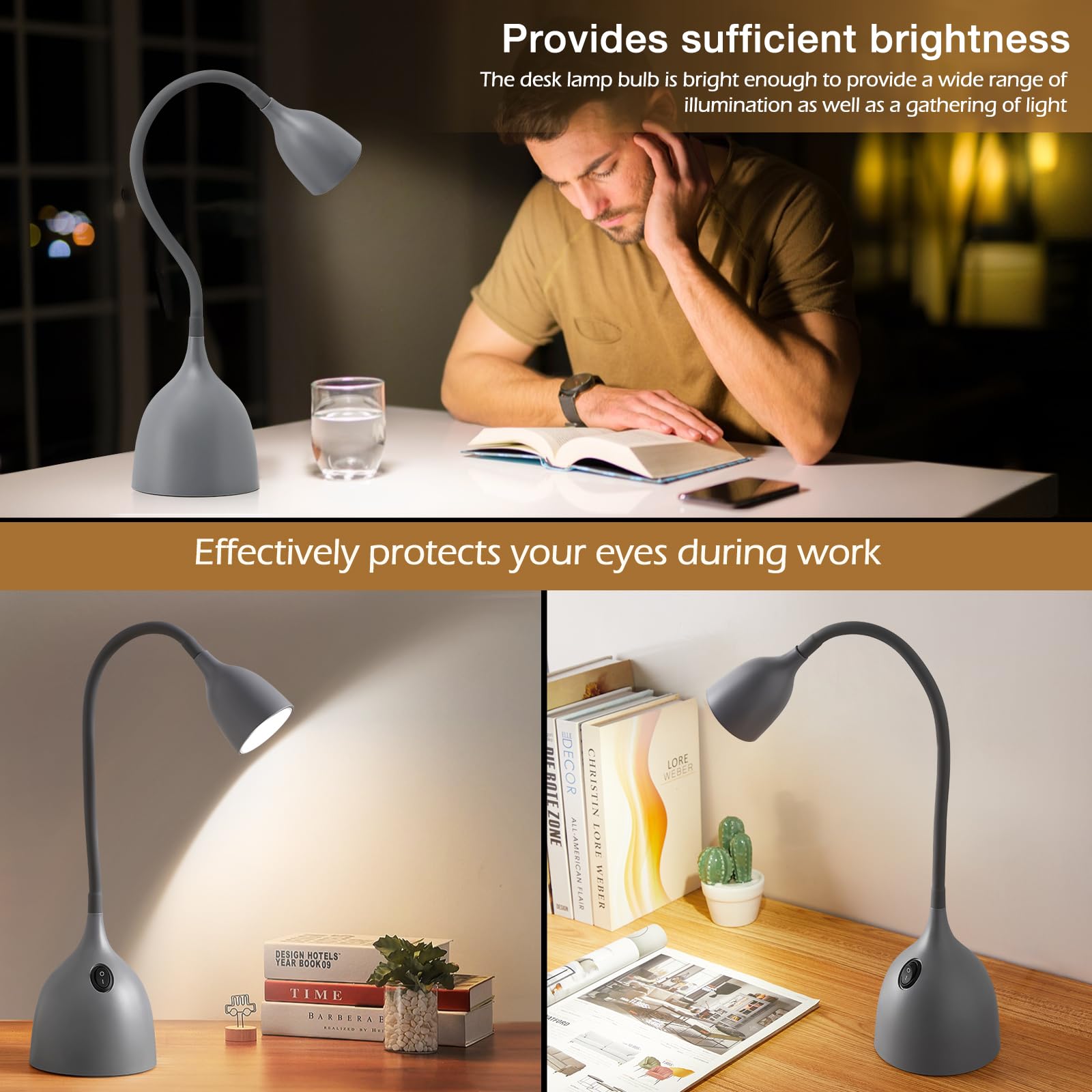 EJIAXIN Gooseneck Desk Lamp 360° Flexible LED Light for Small Spaces, Metal, Gray, Home Office, Bedroom, College Dorm