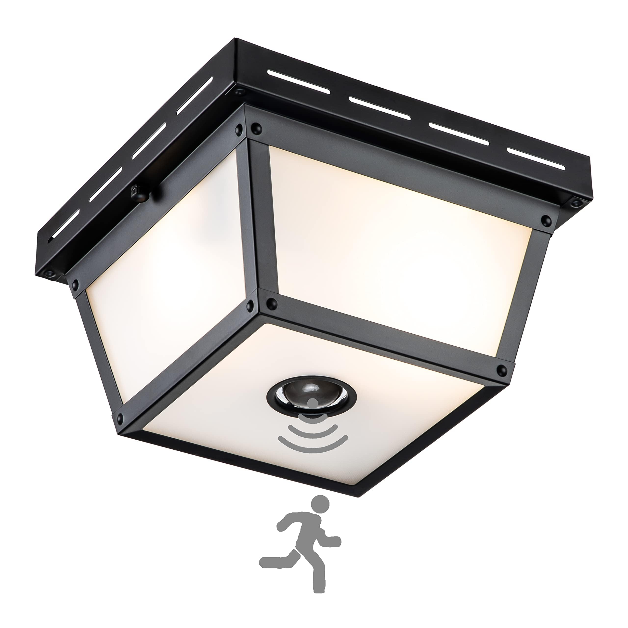 C Cattleya 2-Light Outdoor Motion Sensor Ceiling Light Fixture, Black With Textured Glass