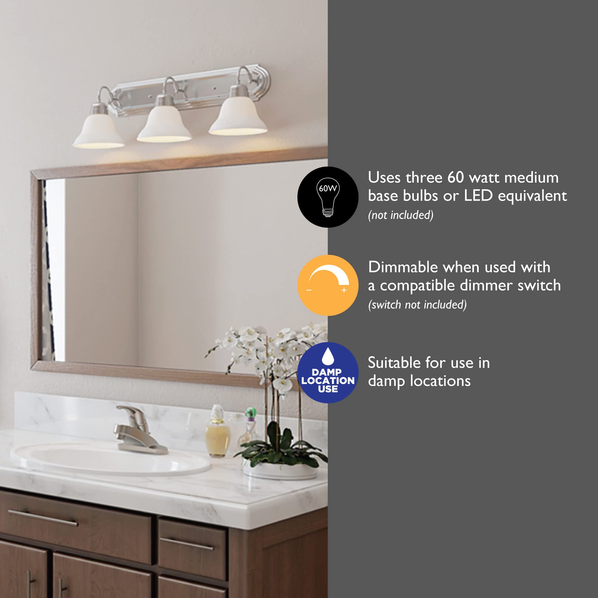 Design House 517383 Millbridge Vanity Light, Frosted Glass Shades, Dimmable, Bathroom Wall Fixture, 3, Satin Nickel Finish