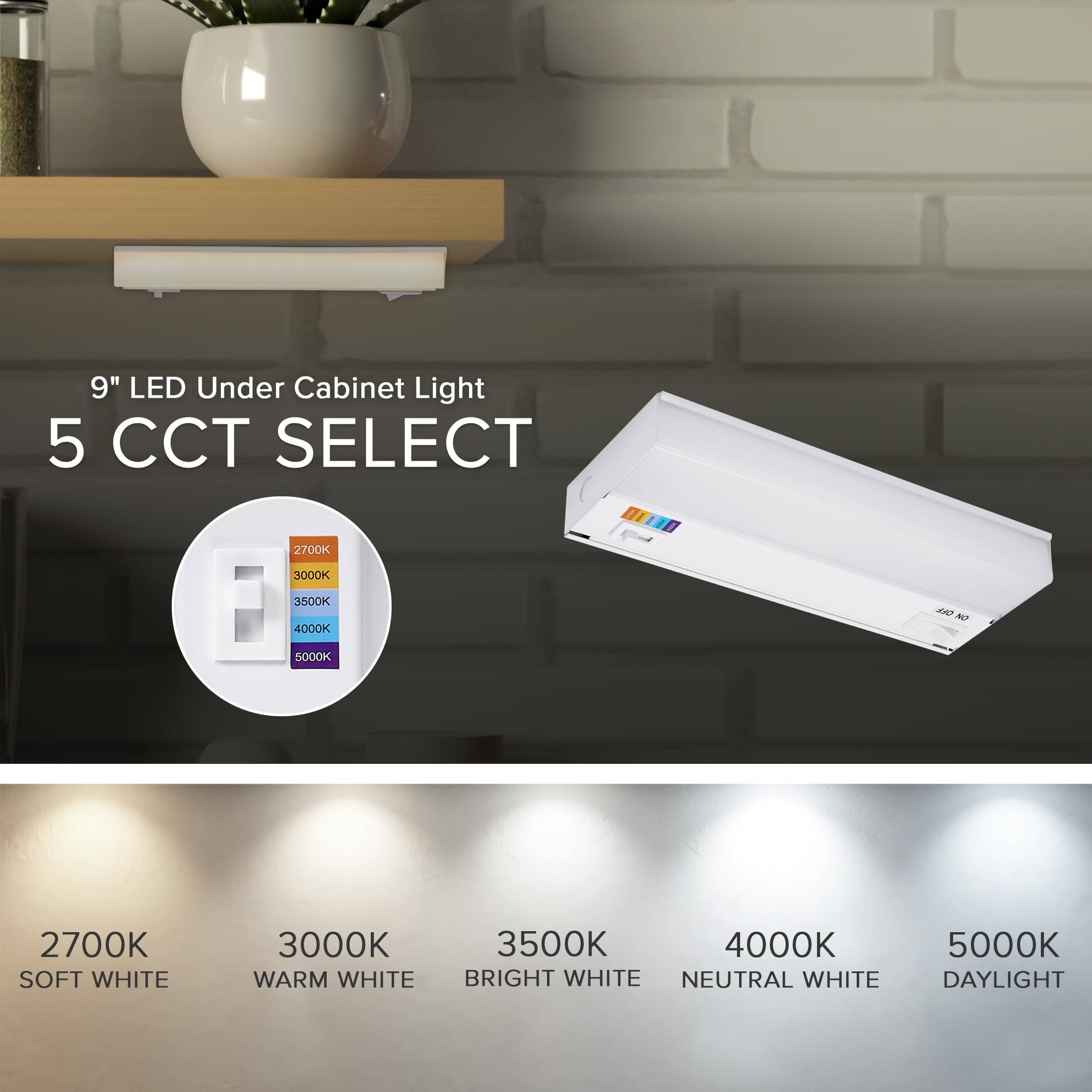 Maxxima 9 In. Hardwired Led Under Cabinet Light - 270 Lumens, 5 Cct, Color Temperature Slide Control, 2700K/3000K/3500K/4000K/50