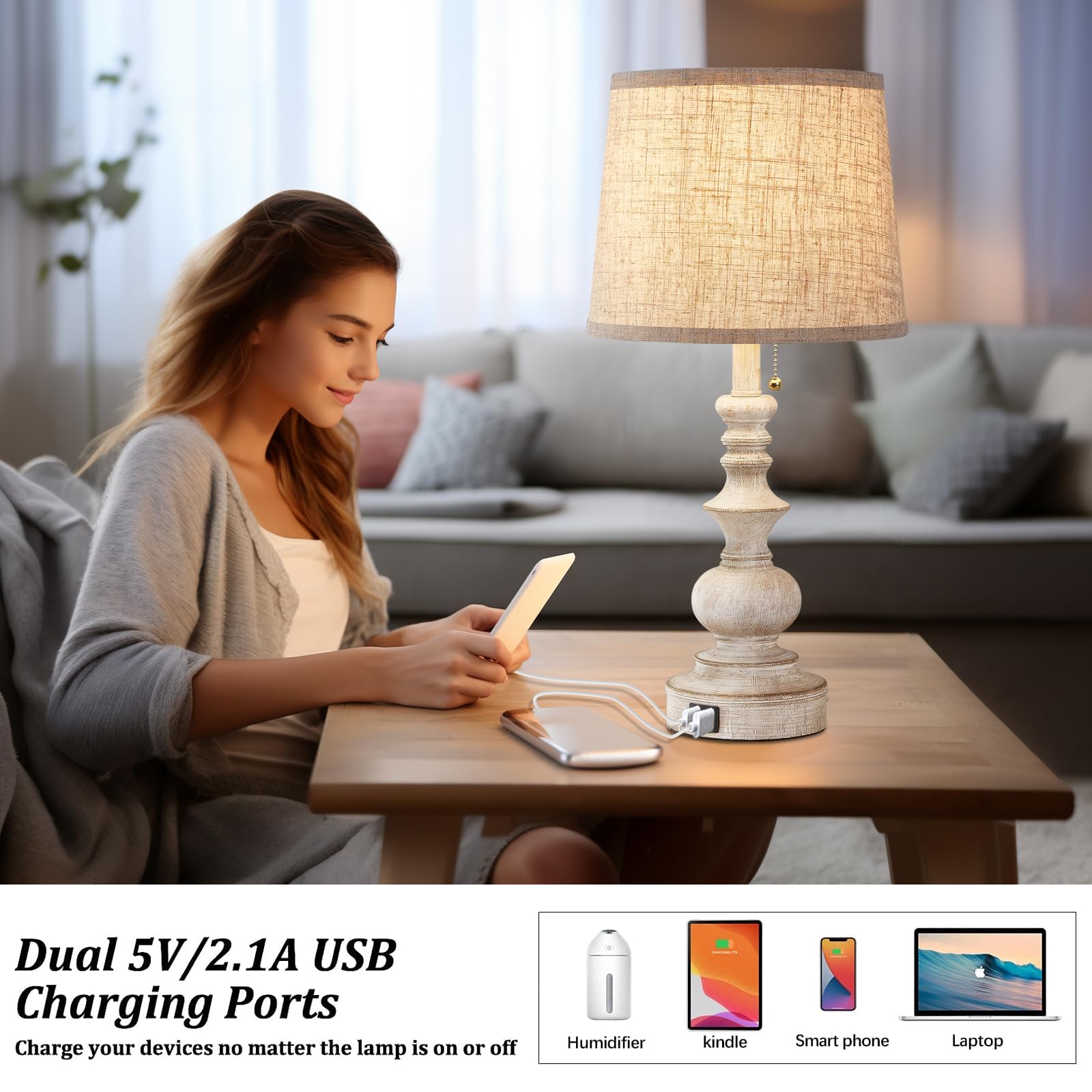 Drawealth Farmhouse Table Lamps Set of 2 with USB Ports, 22'' White, Wooden Finish, Model T0066B, Ideal for Bedrooms & Living Rooms