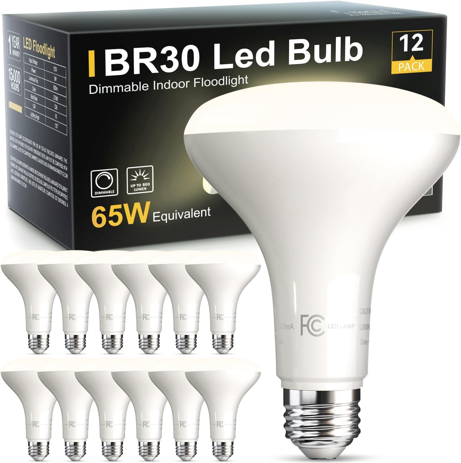 Tjoy 12 Pack Br30 Led Bulb 65W Equivalent, Dimmable Flood Light Bulbs Indoor, E26 Base, 4000K Natural White, 9W, 800 Lm, Recesse