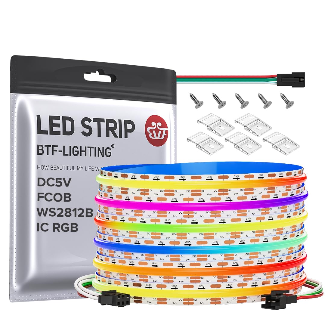 BTF-LIGHTING FCOB COB WS2812B IC RGB LED Strip DC5V 16.4FT Individual Addressable 160Pixel/m 800LEDs 800IC Dream Color IP30 Non-