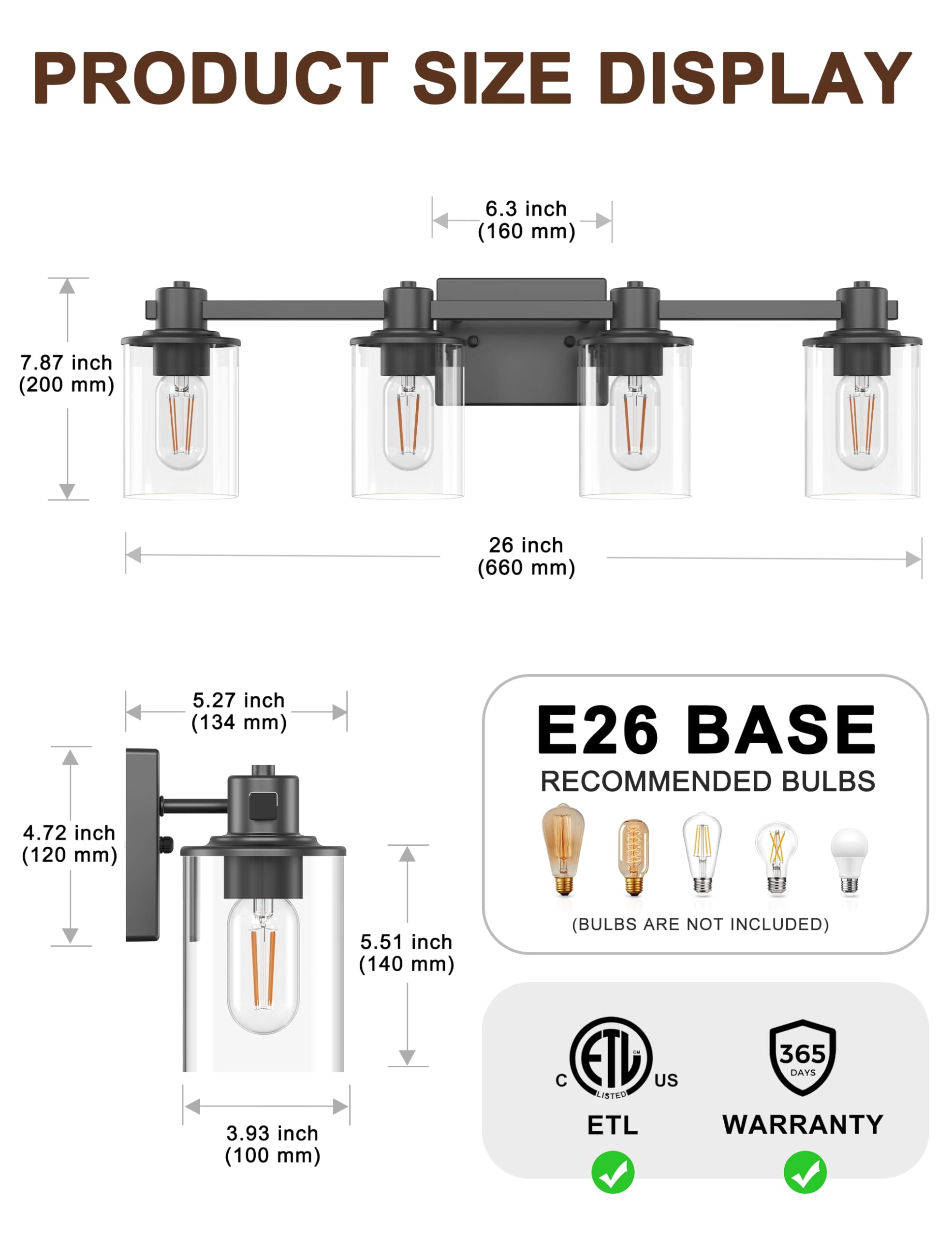 DORESshop 4-Light Black Bathroom Light Fixtures, Modern Glass Shade Vanity Lights, Model DORESshop-BL-4L