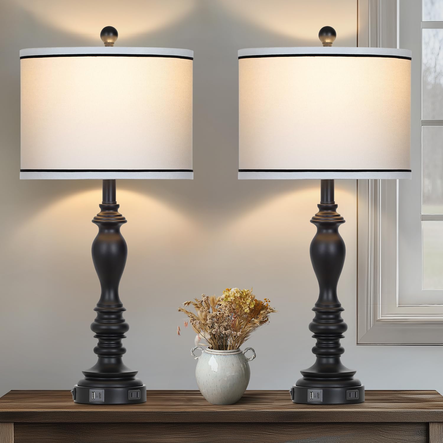 27.5'' Farmhouse Table Lamp For Living Room, Black Lamps Set Of 2 With Usb A+C Ports, Mid Century Tall Table Lamp For Bedroom, B