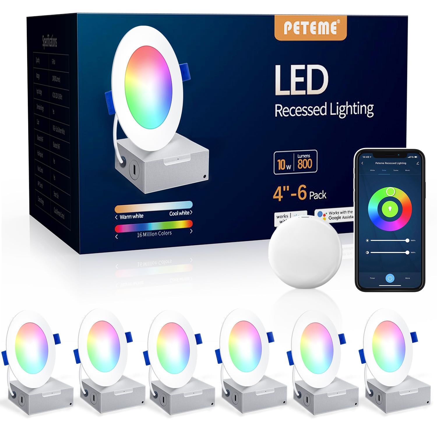 Peteme Led Smart Recessed Lighting 4 Inch Recessed Light Ic Rated Etl Certified, Peteme Canless Ceiling Light Rgbcw Color Changing Outdoor Soffit Downlight With J-Box For Alexa, 10W 800Lm 6Pcs