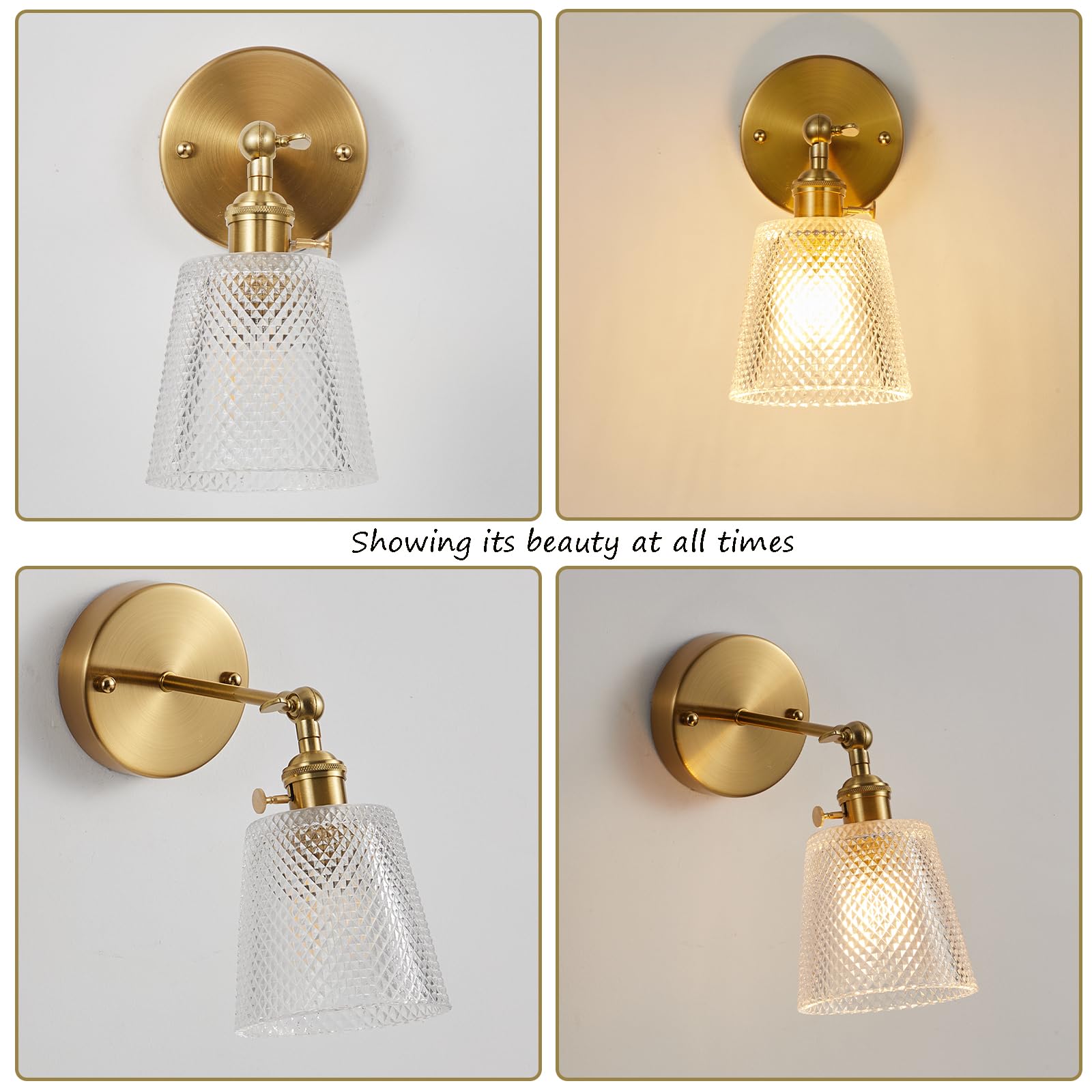 Bcgmyln Vintage Wall Sconces, Gold Sconces Wall Lighting With Glass Shade 180 Degree Adjustable Brass Vanity Light Hardwired Mod