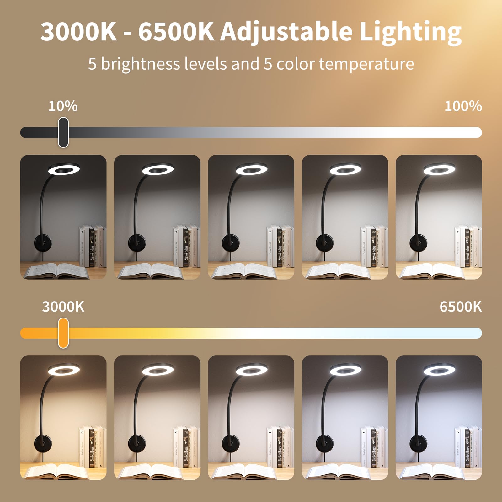 Kaulsoue Wall Mounted Reading Light - 360° Gooseneck, 5 Color & Brightness Adjustable, Black, Model KX10, 2 Units