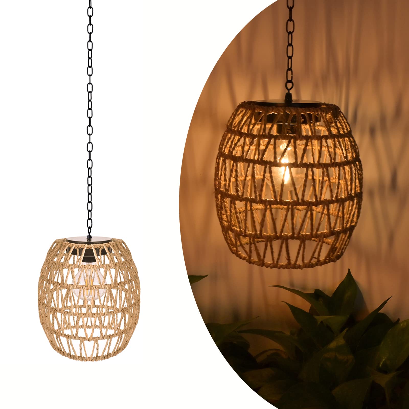 Livinlarge Boho Pendant Solar Light Rustic Hand-Woven Rattan Chandelier Coastal Retro Lamp Wedding Garden Courtyard Hallway Entryway Decoration.