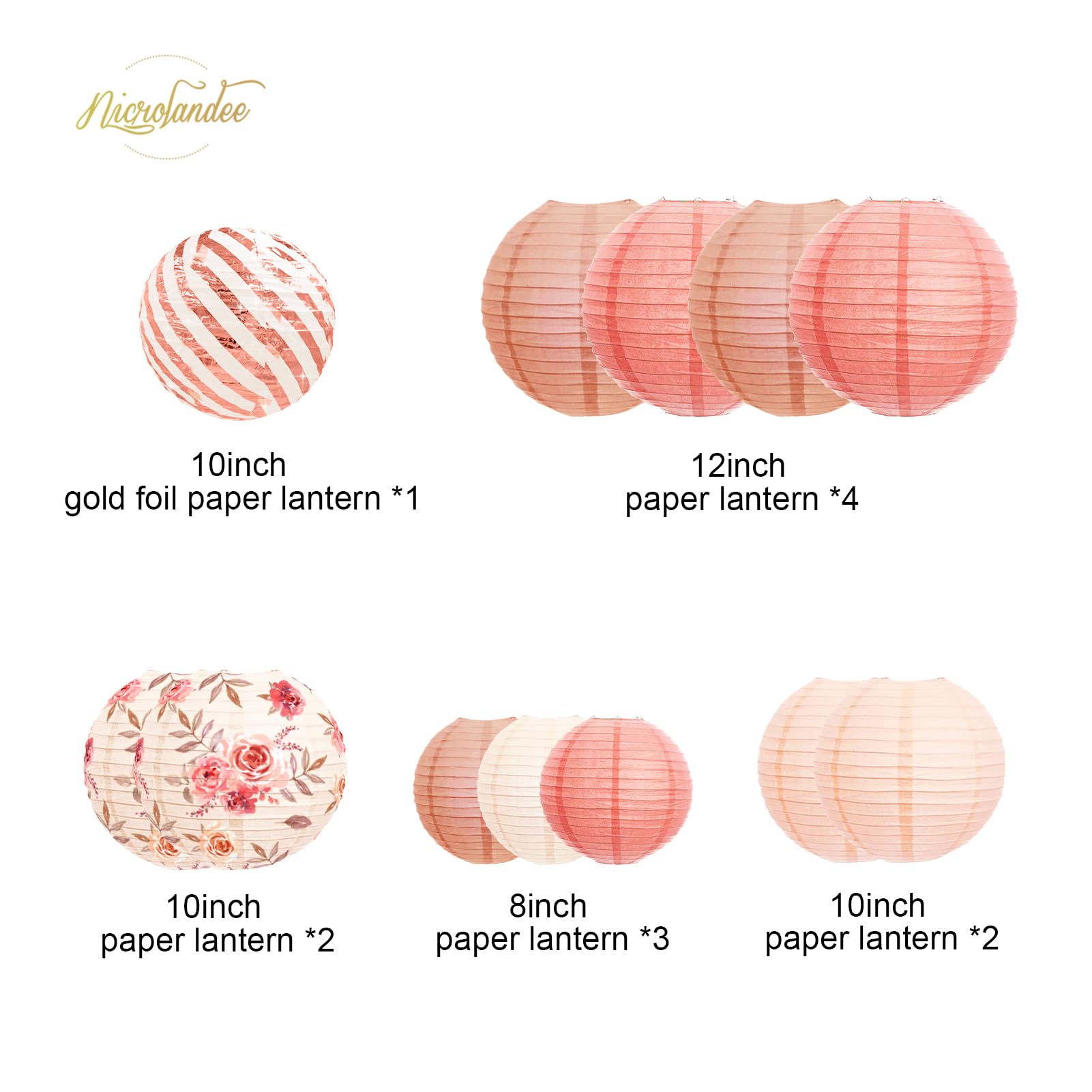 Nicrolandee 12Pcs Rose Gold Paper Lanterns - Vintage Floral Hanging Decorations For Weddings, Baby Showers, Anniversaries, And Birthdays