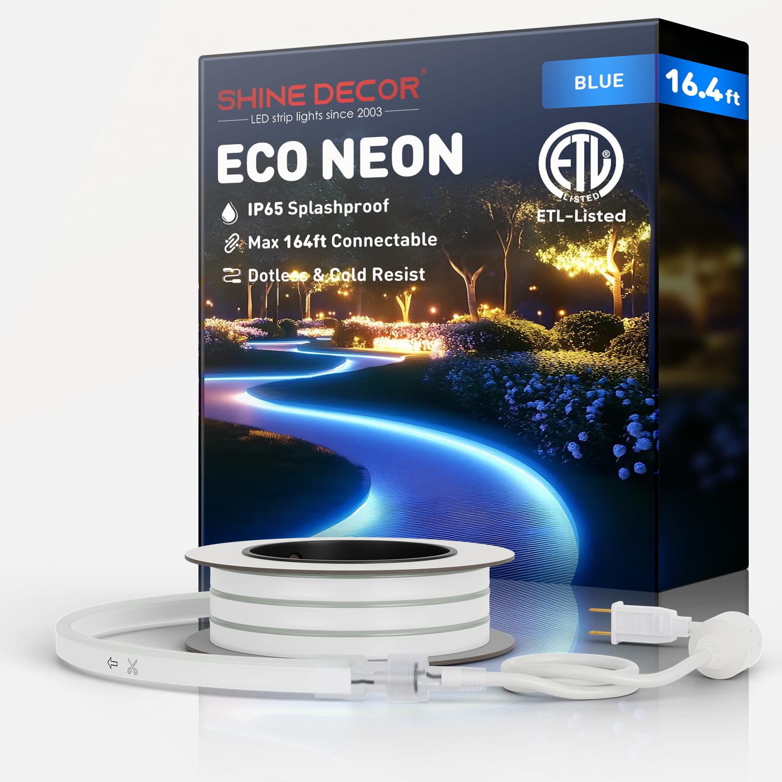 Shine Decor LED Rope Lights, Dotless 120 LEDs/M, 16.4ft, Blue, IP65 Waterproof, Connectable & Cuttable, Model 1c113908-ff88
